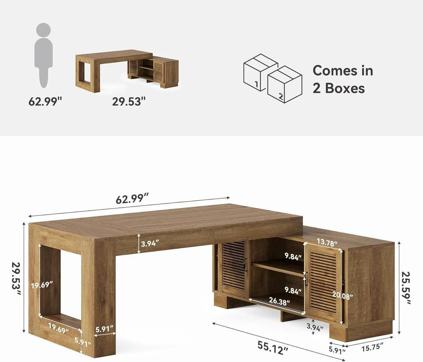 Brown 63 Inch Long L Shaped Desk With Sliding Cabinets from PriceLows™