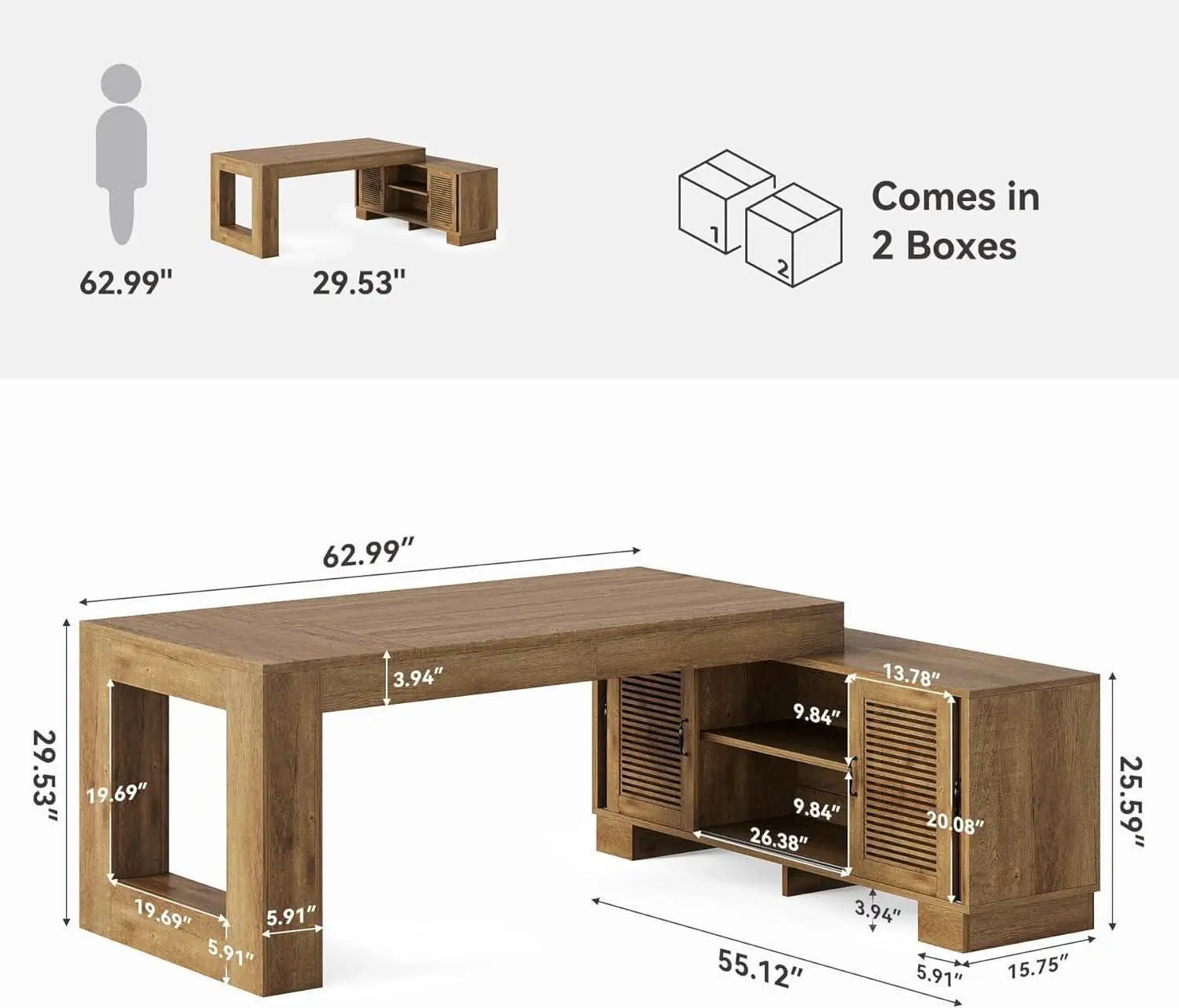Brown 63 Inch Long L Shaped Desk With Sliding Cabinets from PriceLows™