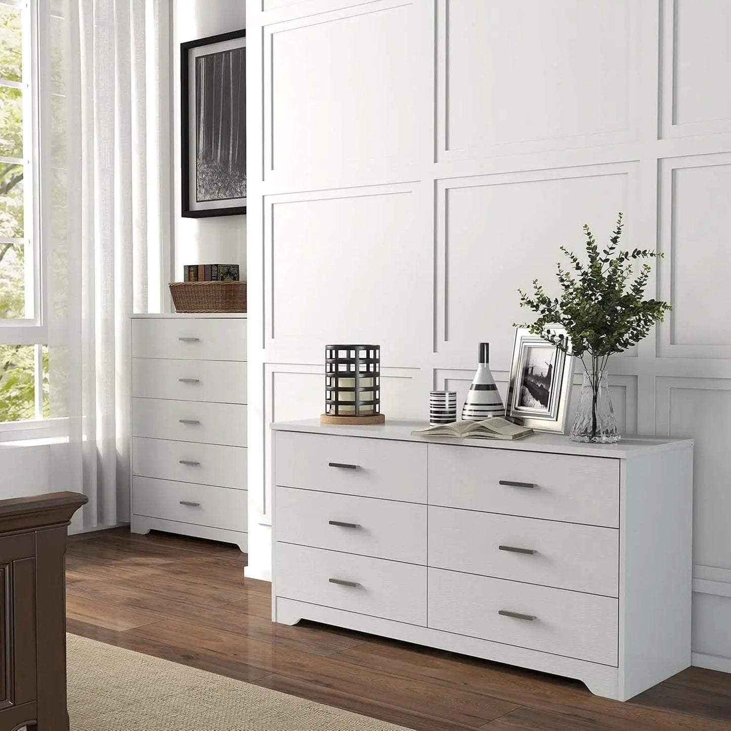 White Wooden 5 Drawer And 6 Drawer Dresser With Side By Side Layout from PriceLows™