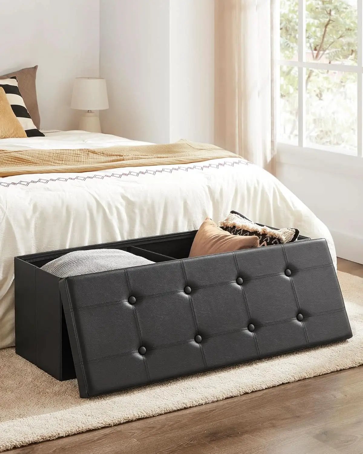 43 Inch Folding Storage Ottoman Black Synthetic Leather from PriceLows™
