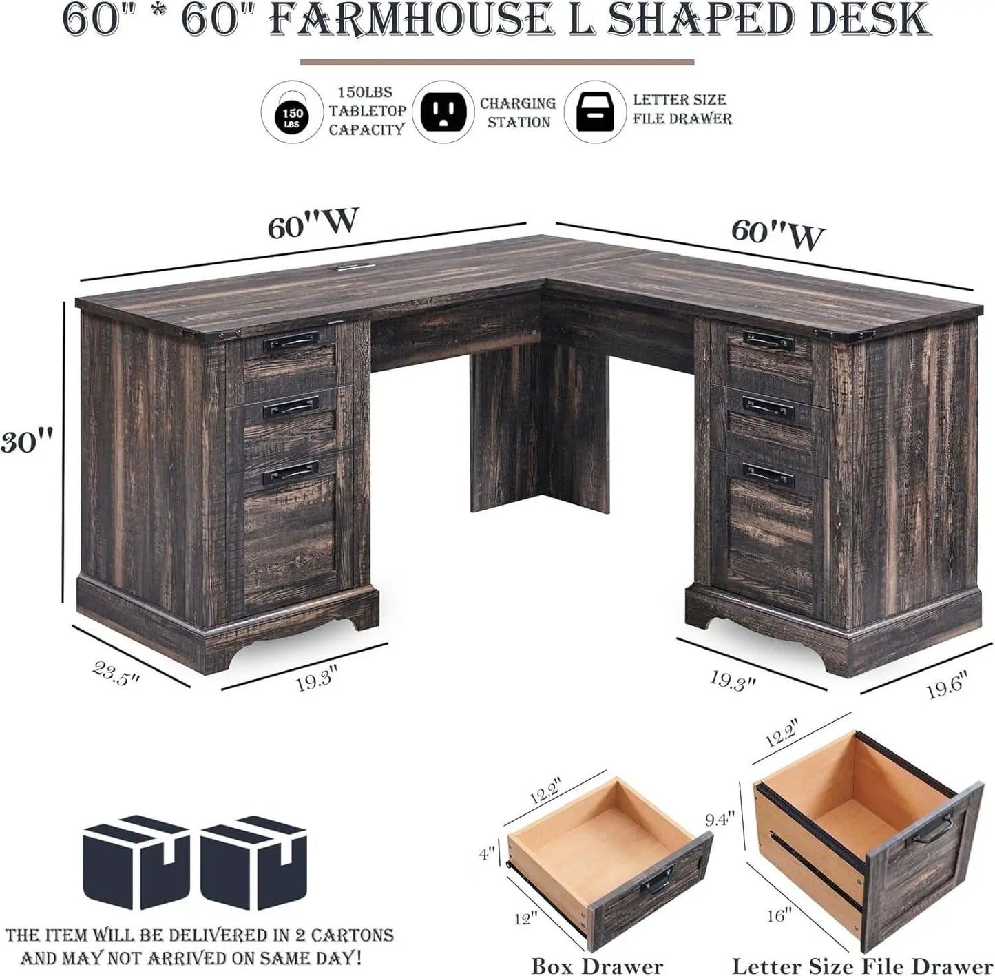 60In Farmhouse L Shaped Desk With Drawers Charging Oak from PriceLows™