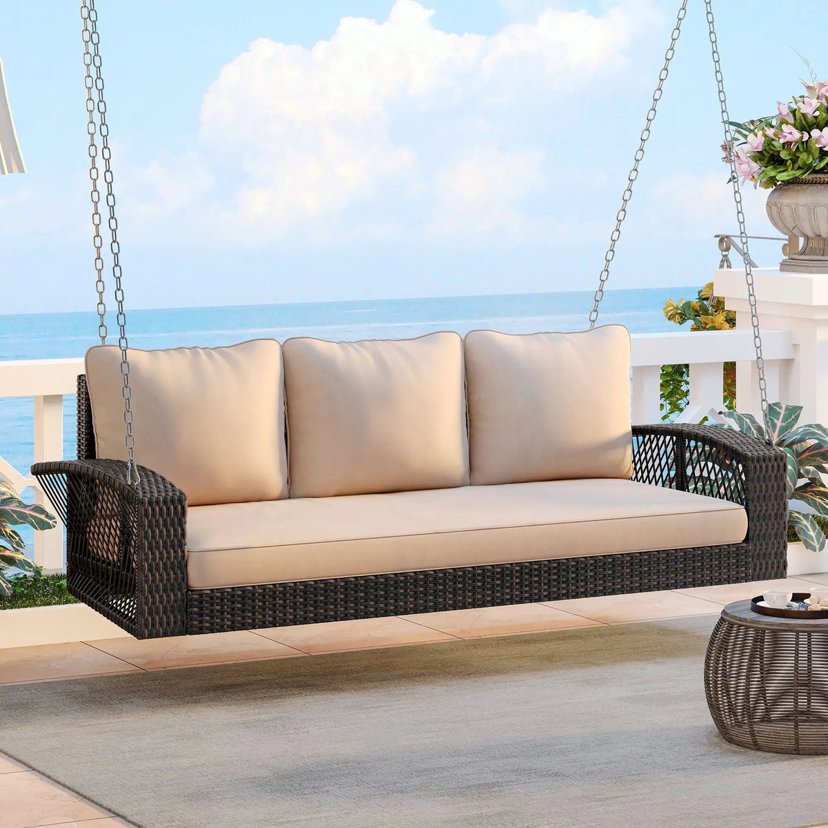 3 Person Patio Swing Bench | Hand-Woven PE Rattan | Cushions Included | Double-Strand Weave