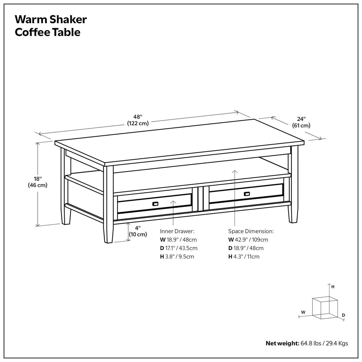 Warm Shaker Solid Wood Table | Bottom Drawer | Open Shelf Storage