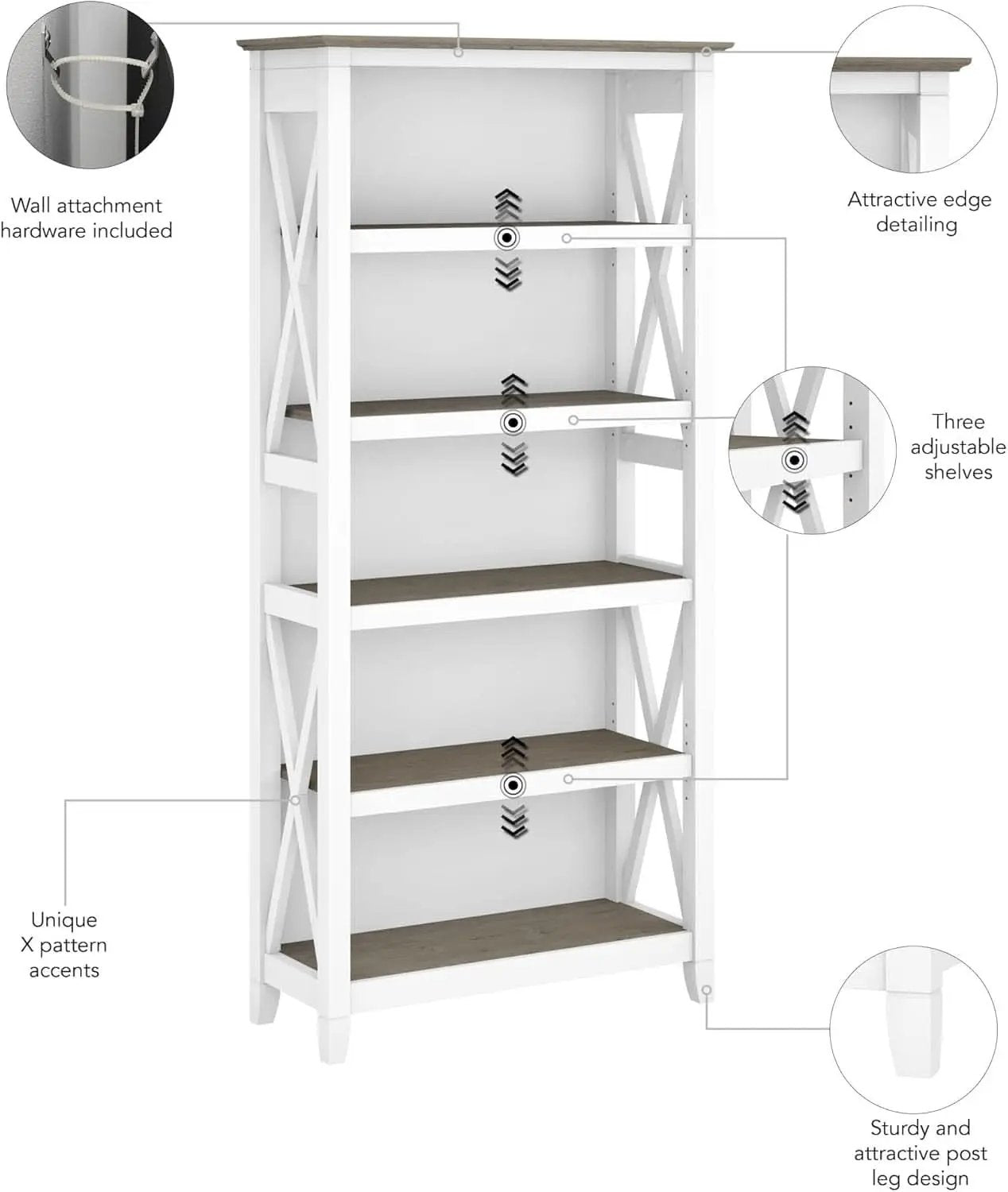 Bush Furniture Key West 66 Inch Bookcase Shiplap Gray White from PriceLows™