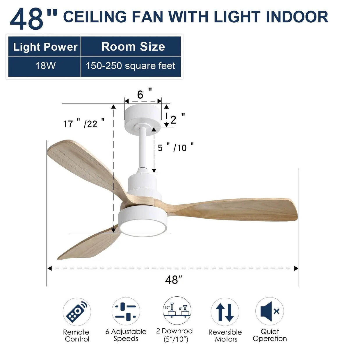 Indoor Ceiling Fan | 48 Inch Span | Dimmable LED Light | 6 Speed Remote Reversible Blades