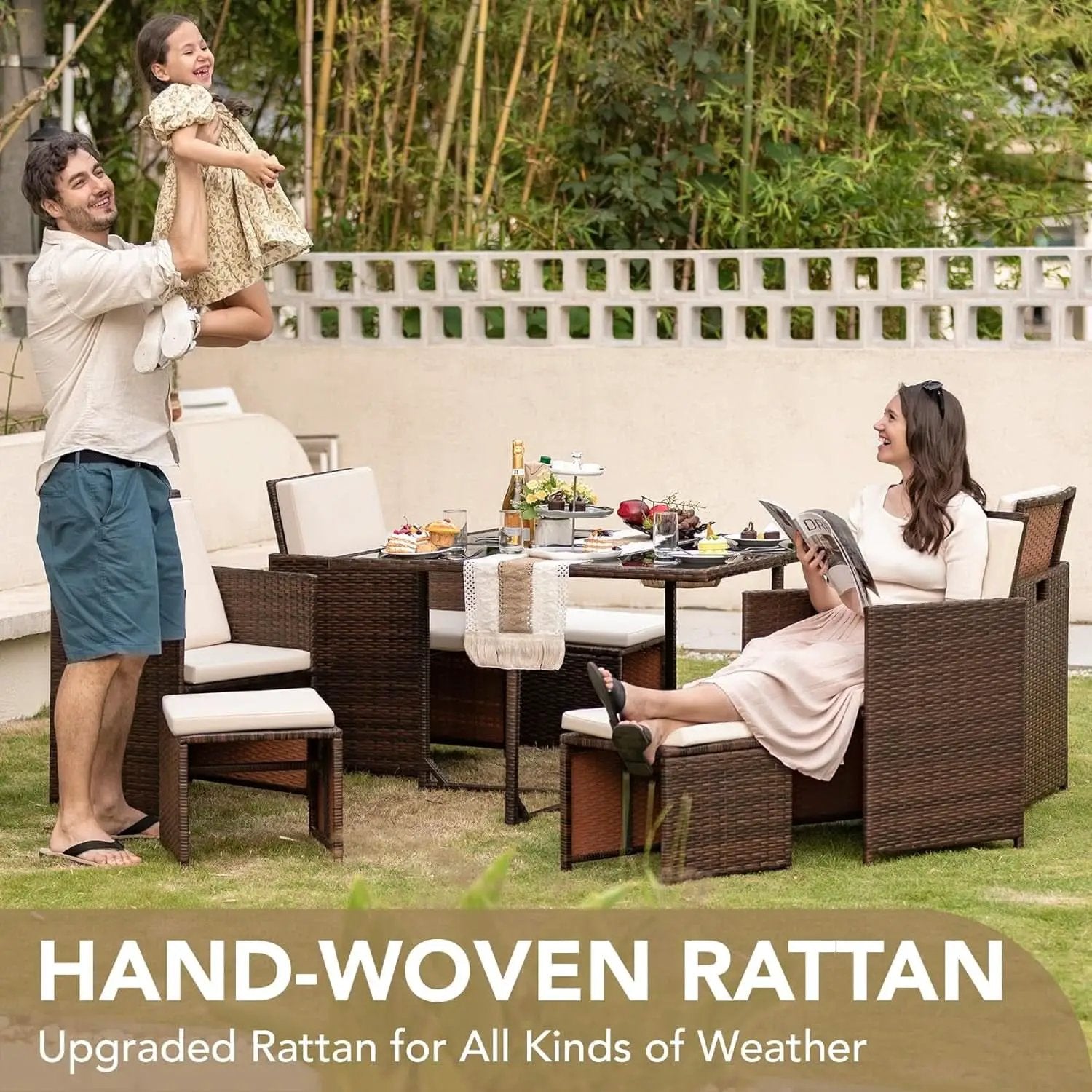 9 Piece Outdoor Patio Dining Set Rattan Chairs With Glass Table Beige Cushioned from PriceLows™