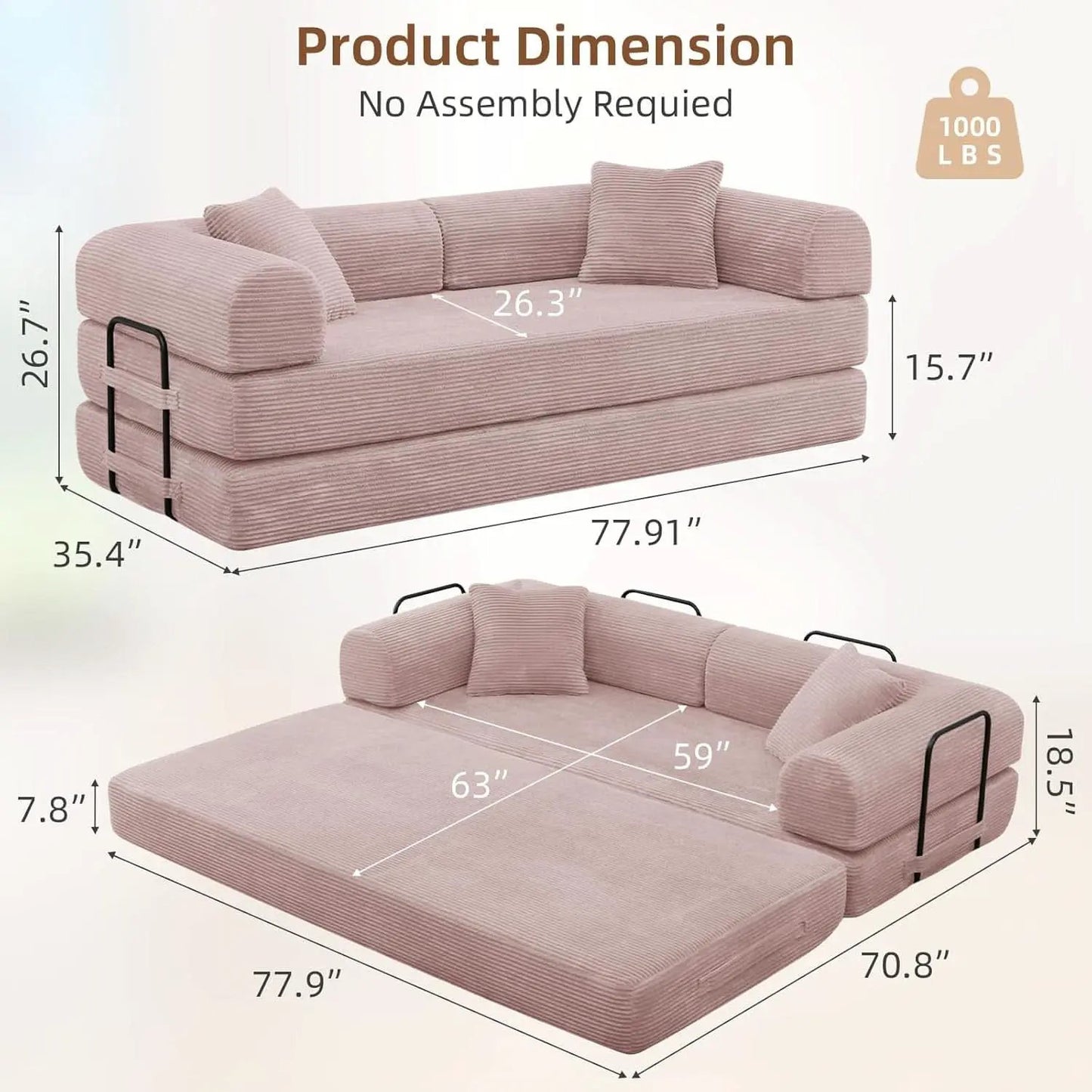 Transformable Sofa Bed QueenSize Pink Folding Frame from PriceLows™
