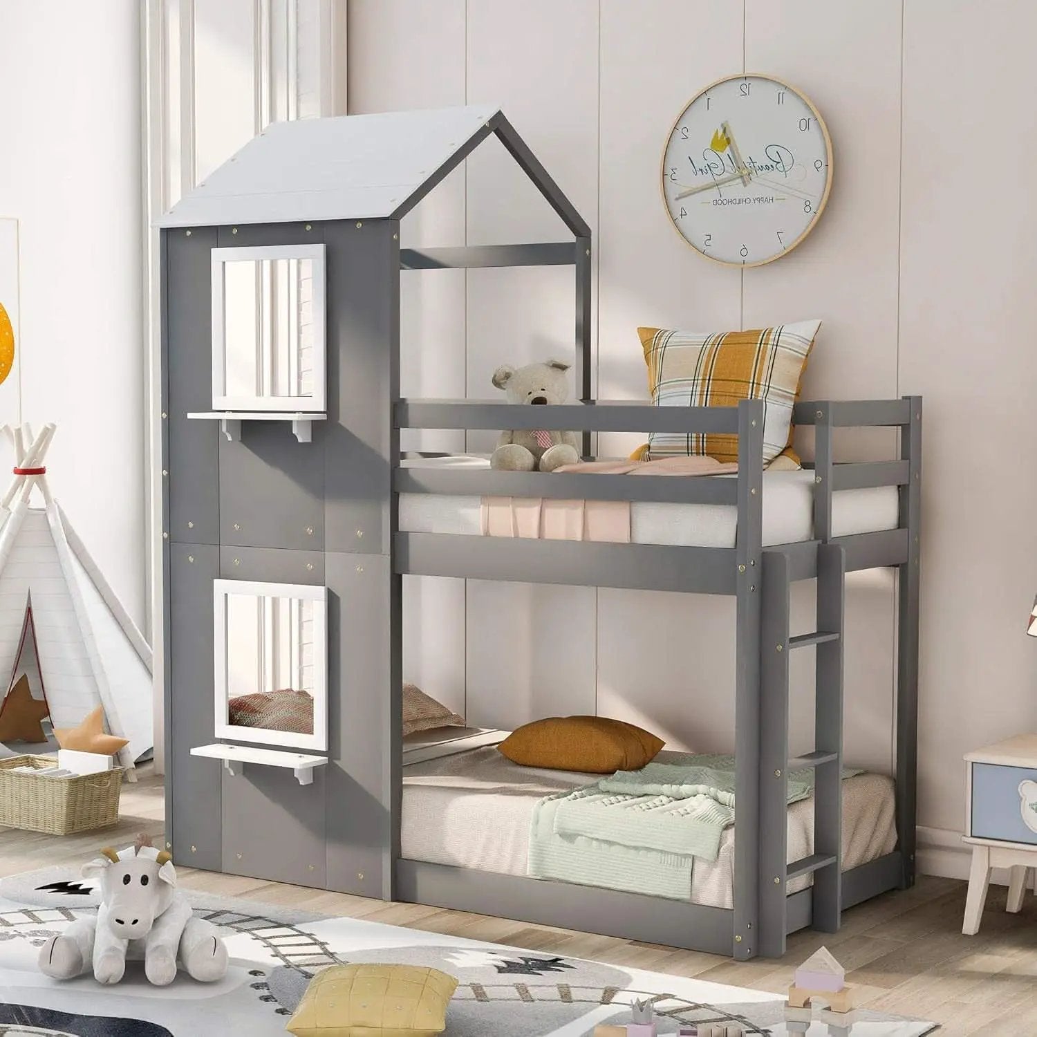Twin Over Twin House Bunk Bed With Roof And Ladders Grey from PriceLows™