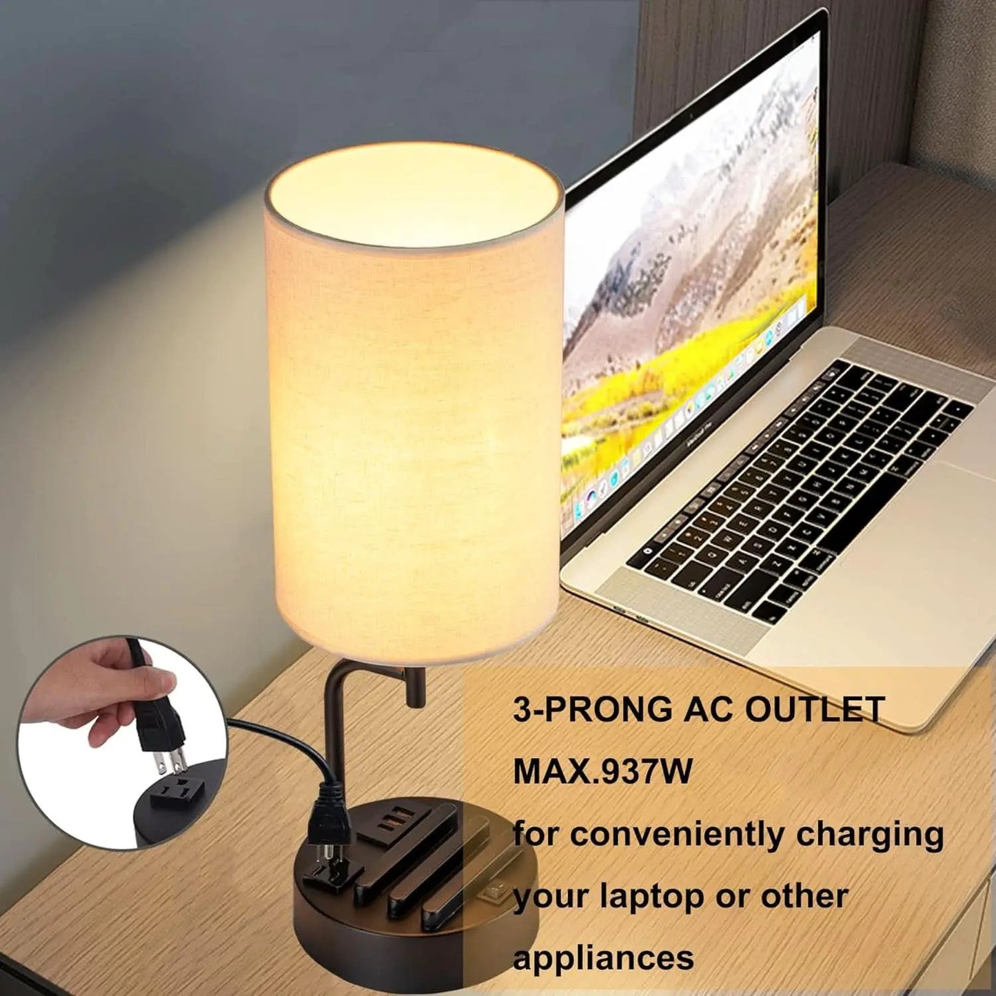 Table Lamp With 3 USB Ports And AC Outlet For Bedroom from PriceLows™