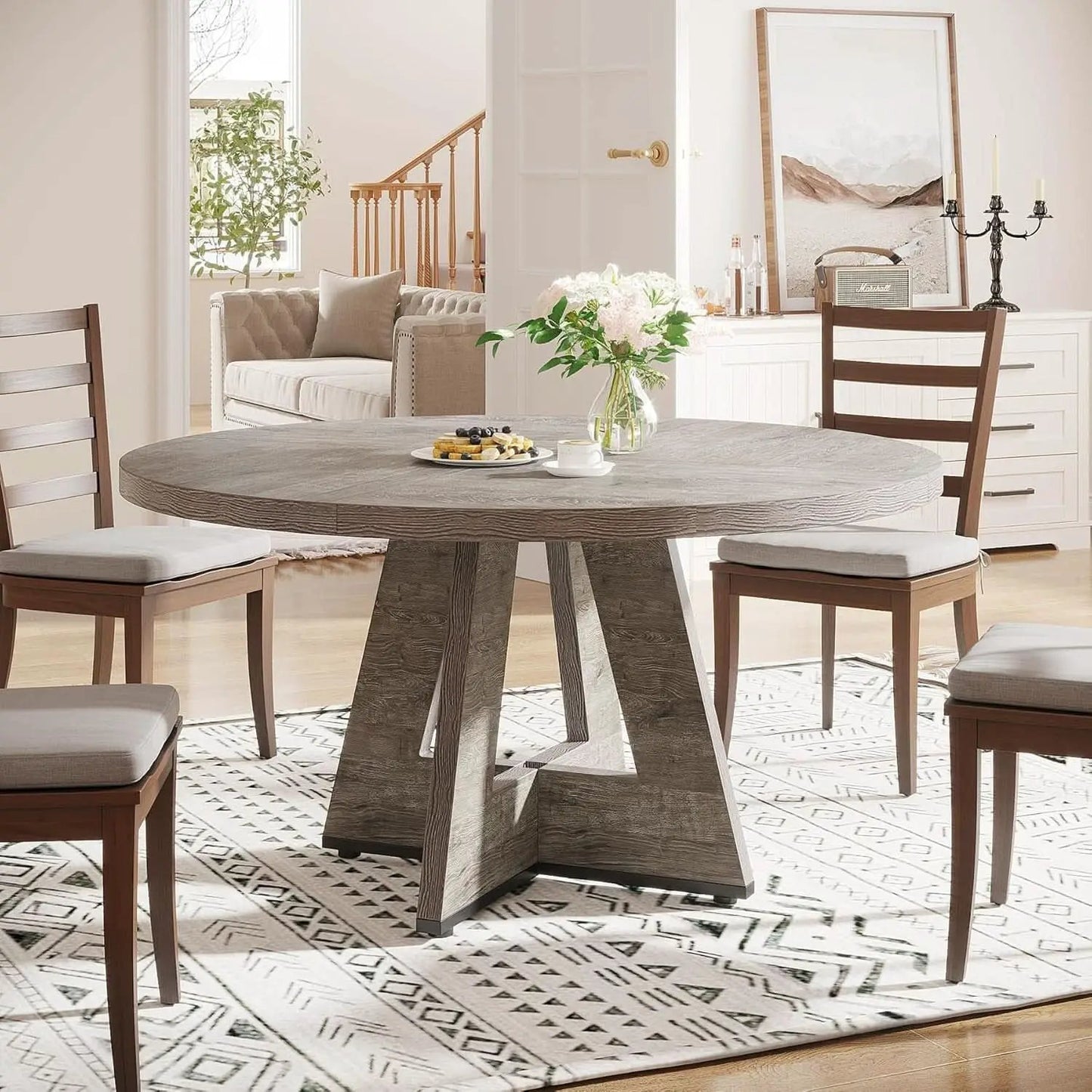 Round Dining Table 47 Inch Wood Farmhouse Grey Kitchen from PriceLows™