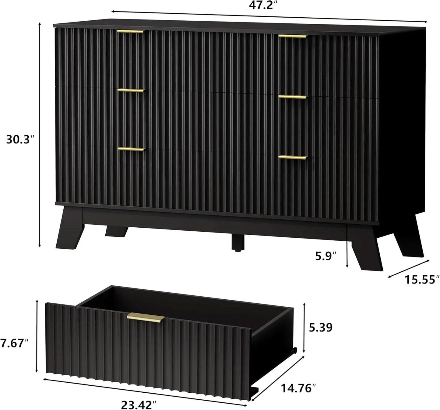 6 Drawer Dresser In Natural Wood With Fluted Front And Gold Handles from PriceLows™