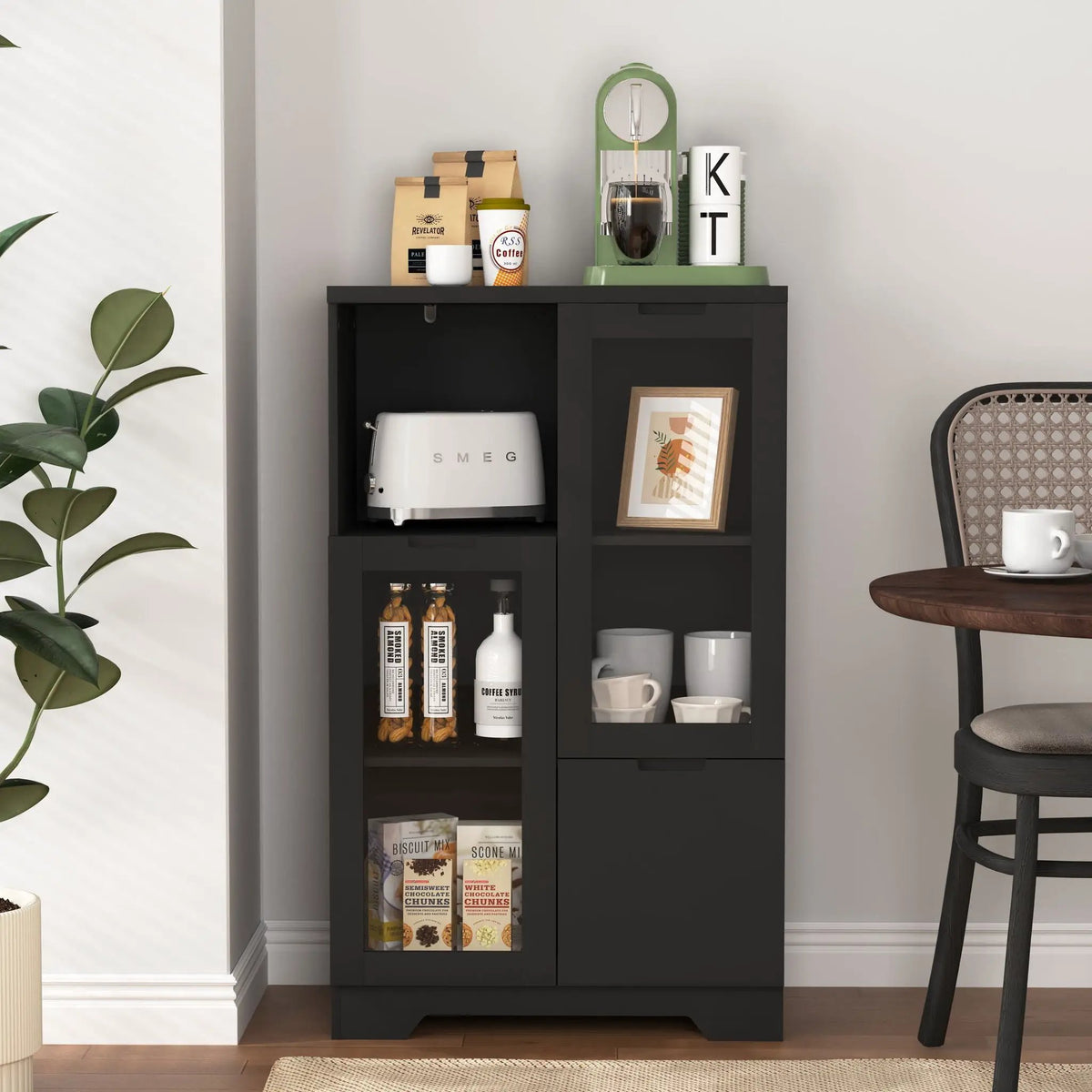 Modern Storage Cabinet | Adjustable Shelves | Double Glass Doors | Gray