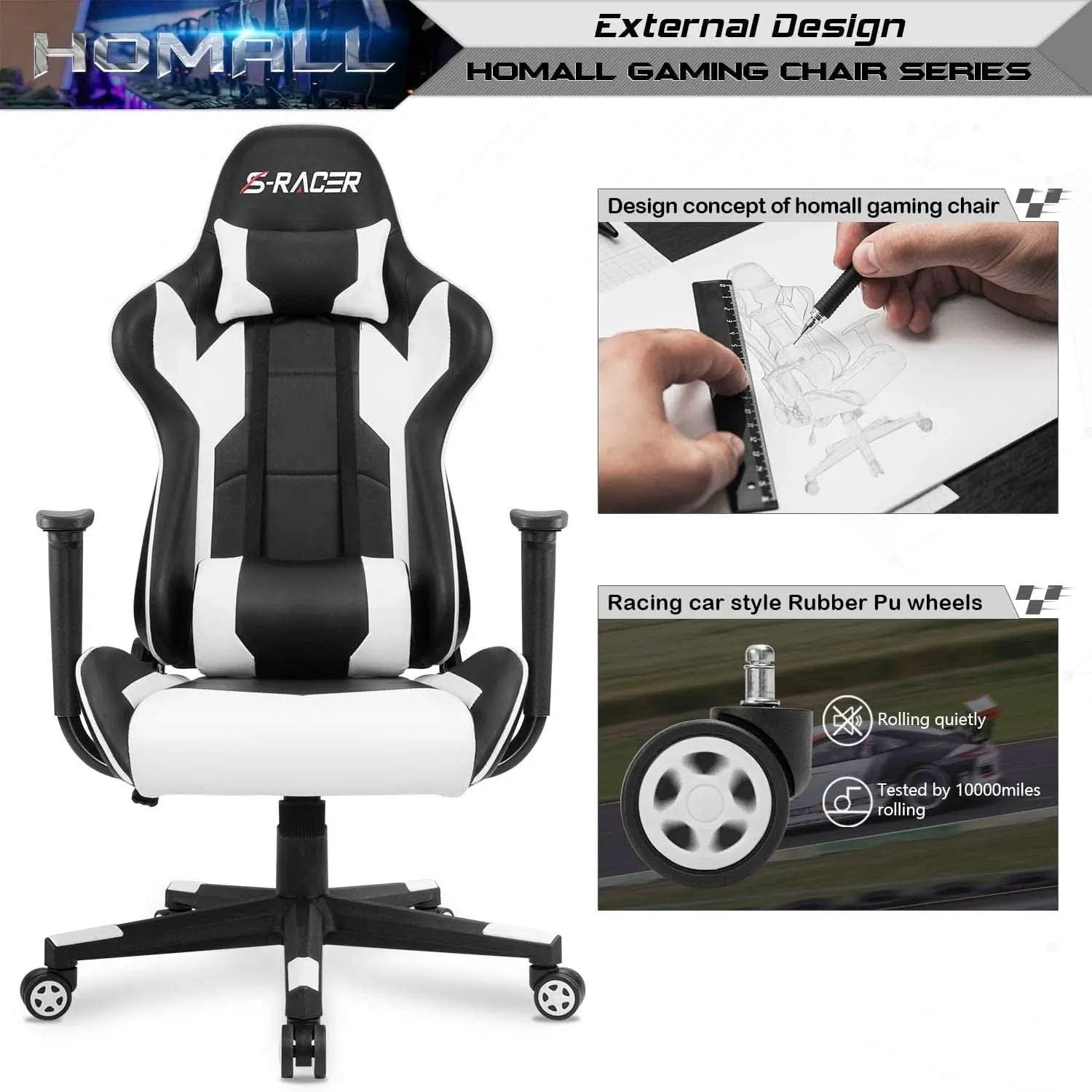 White Leather Ergonomic Gaming Chair With Lumbar Support from PriceLows™