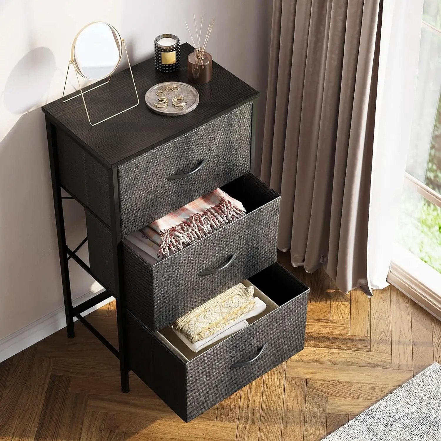Dark Grey Dresser Nightstand With 3 Drawers Space Saver from PriceLows™