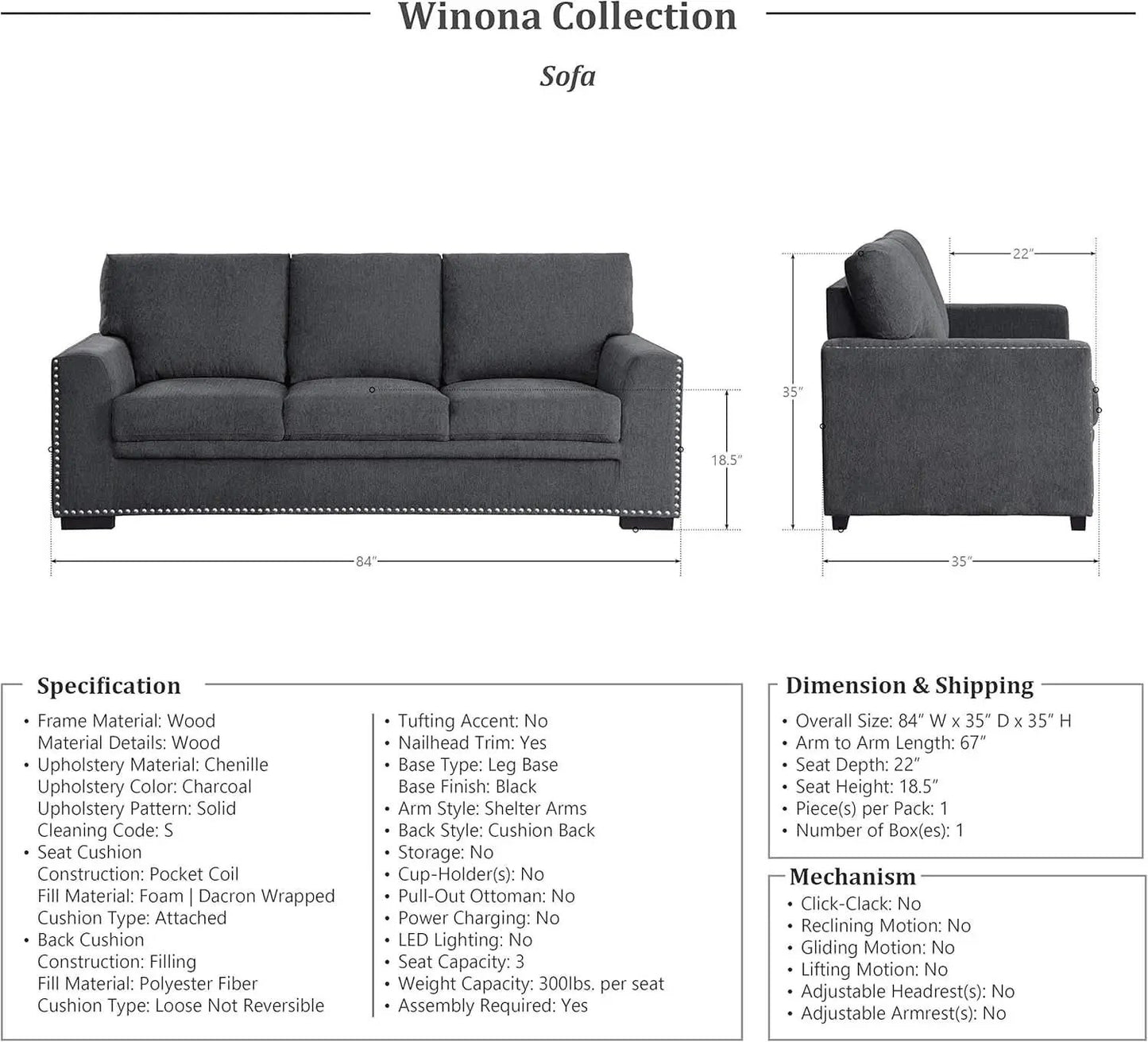 Charcoal 3 Piece Living Room Set With Chenille Upholstery from PriceLows™