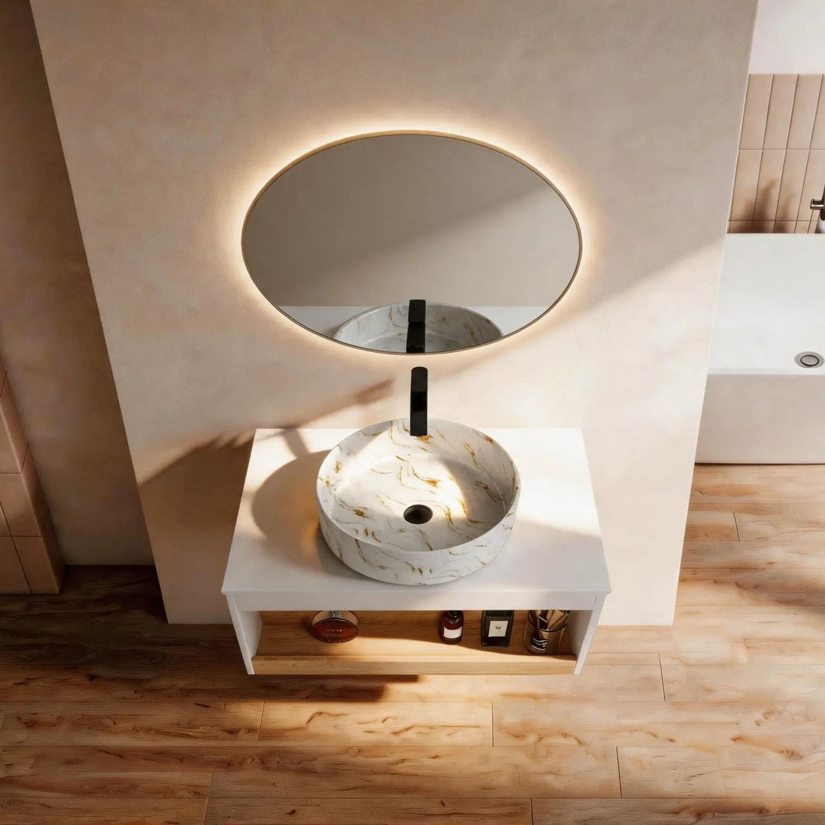 Floating Bathroom Vanity | Wall Mounted | Ceramic Vessel Sink | White