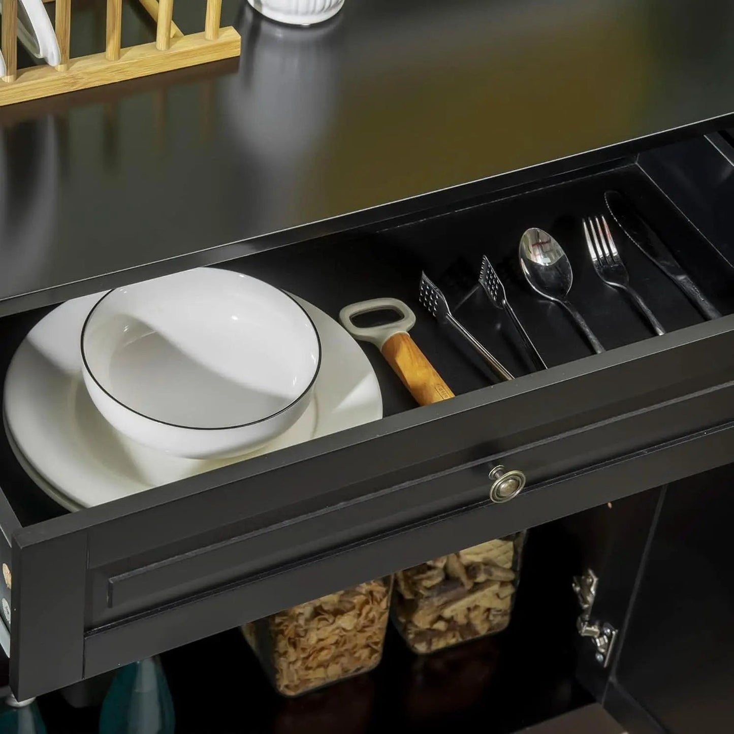 Black Buffet Cabinet With Drawers And Adjustable Shelves from PriceLows™