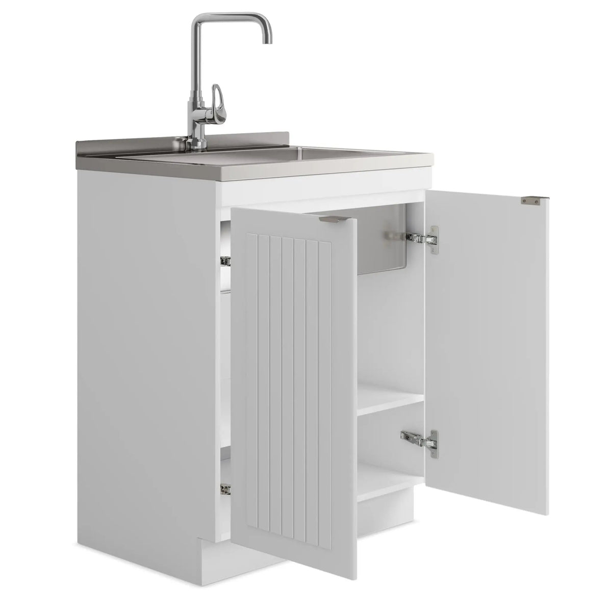 Murphy Laundry Cabinet | Faucet And Stainless Steel Sink | Two Doors | Brushed Nickel Hardware
