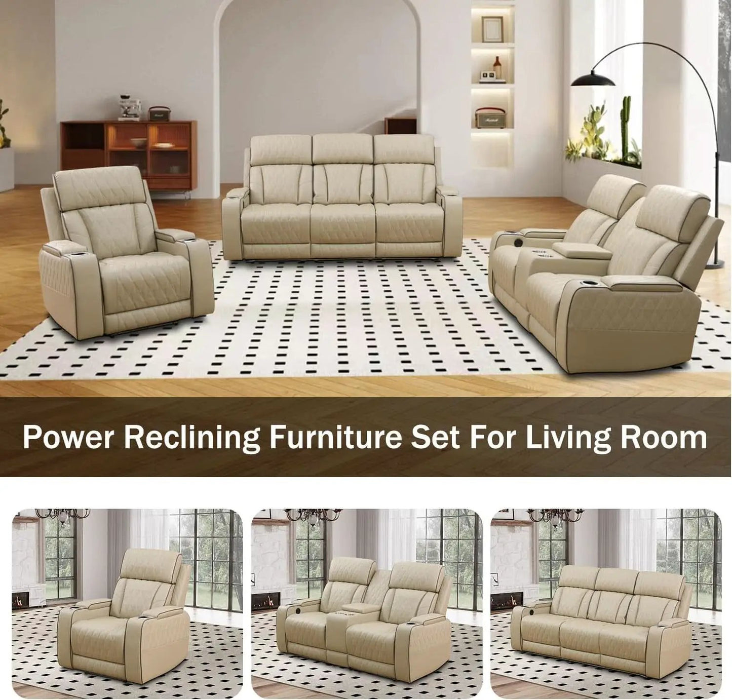 Power Reclining Leather Sofa Set With USB Ports Khaki from PriceLows™