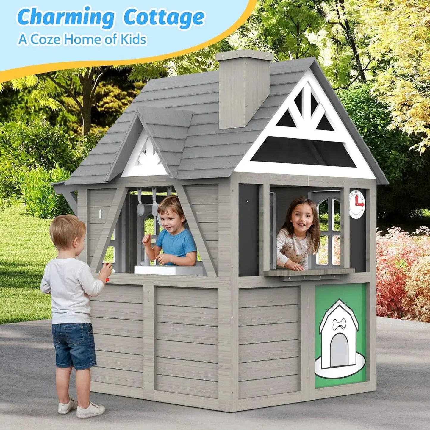 Kids Outdoor Playhouse Cedar Gray Weather Resistant from PriceLows™