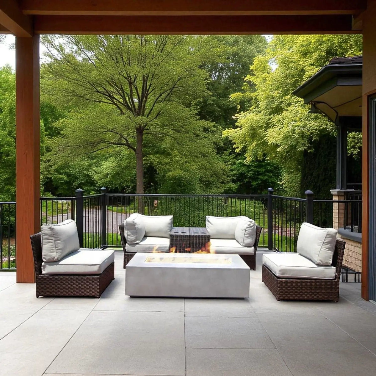 Outdoor Conversation Set | Fire Pit Included | 5 Inch Olefin Cushions | Espresso HDPE Wicker