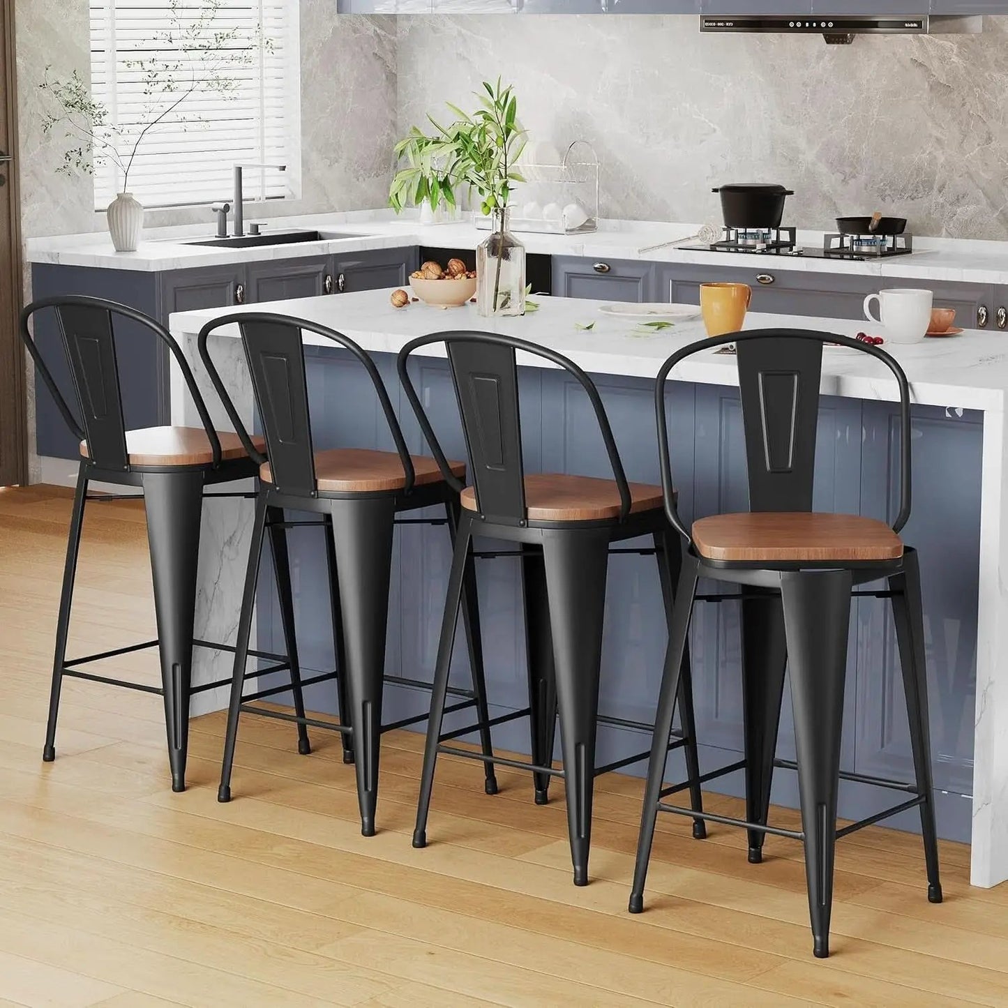 26 Inch Swivel Bar Stools Set Of 4 With Large Wooden Seat Matte Black High Back Design from PriceLows™