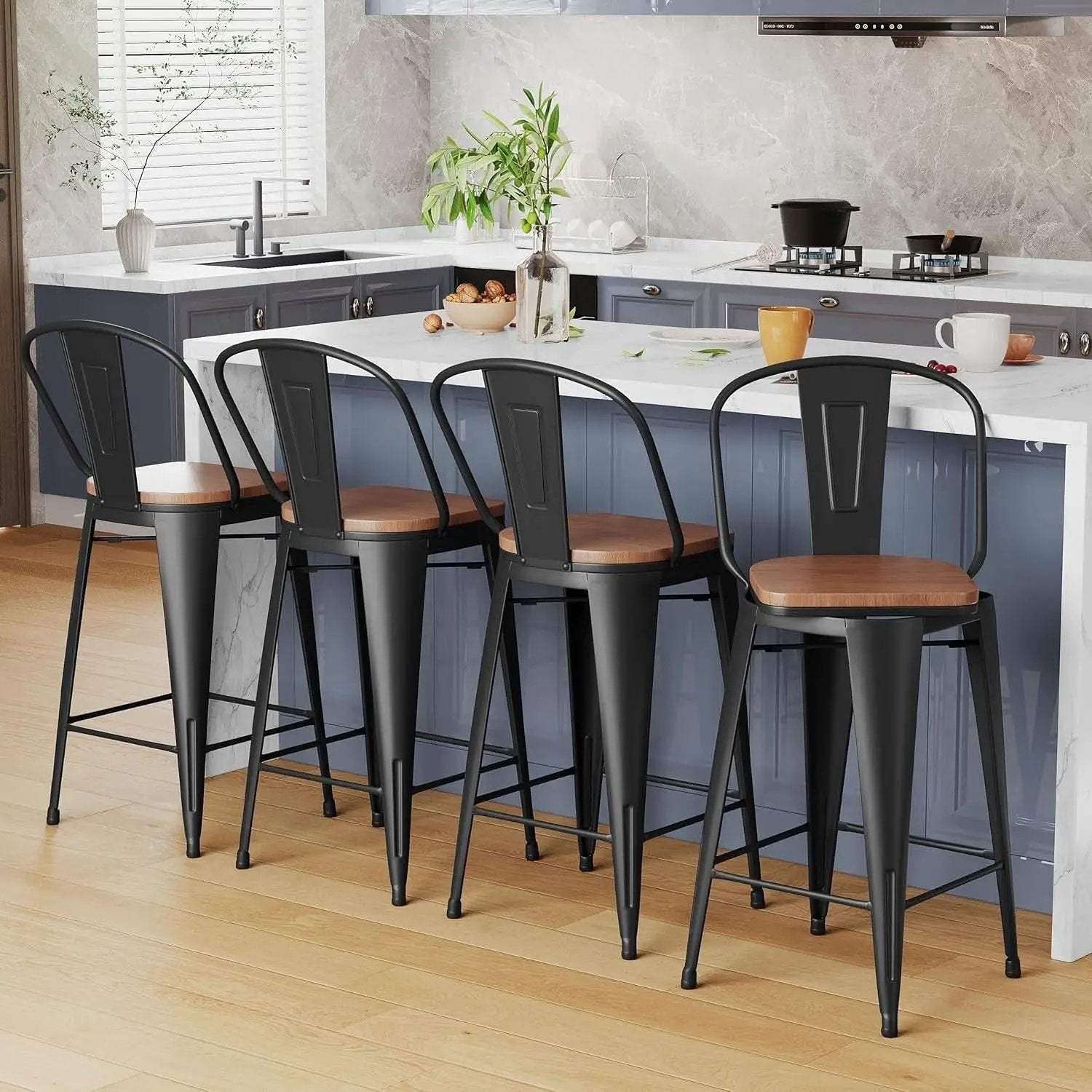 26 Inch Swivel Bar Stools Set Of 4 With Large Wooden Seat Matte Black High Back Design from PriceLows™
