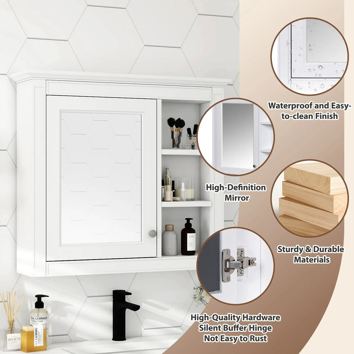 Modern Wall Mounted Medicine Cabinet | 3 Open Shelves | Mirror Door