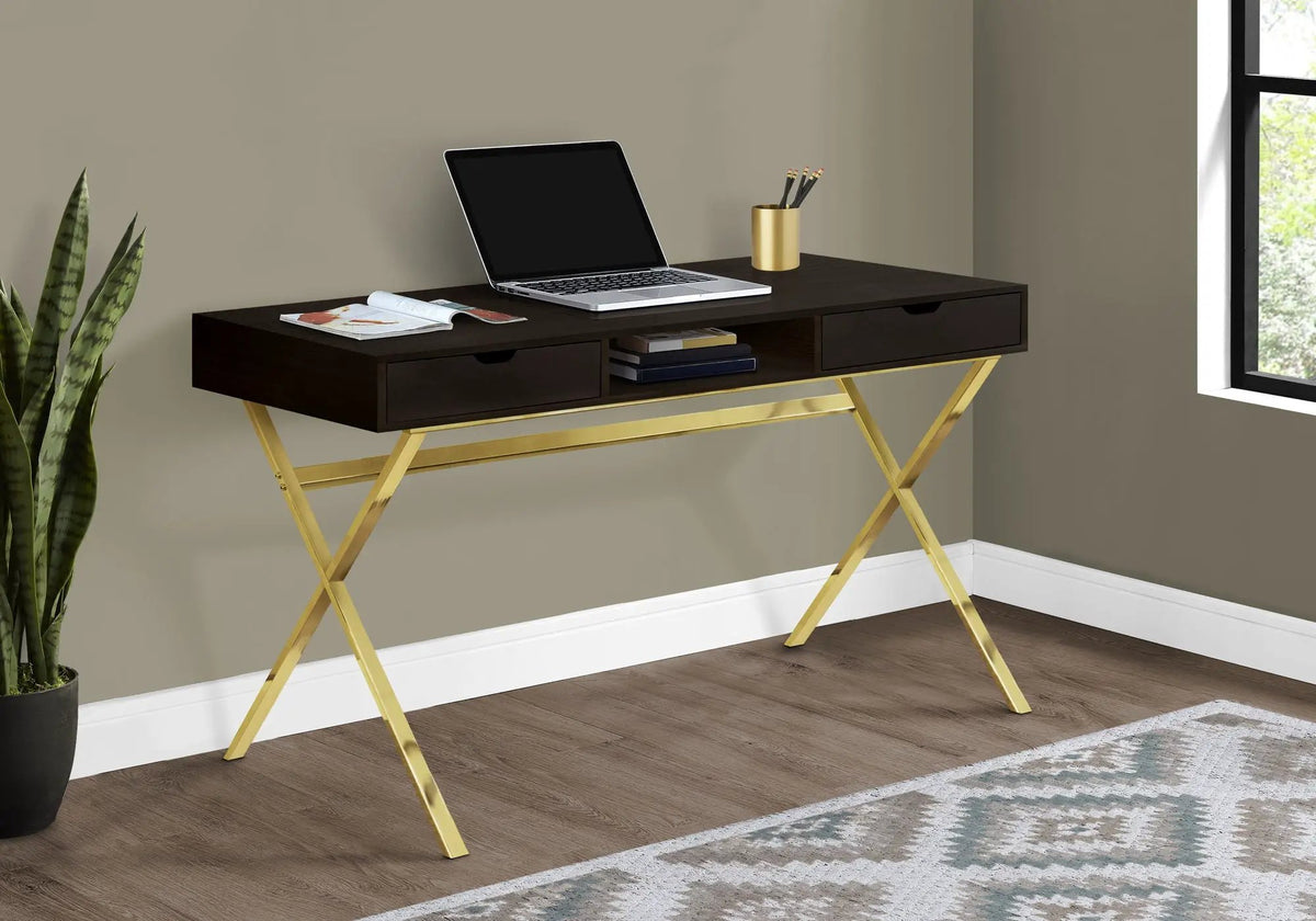 Espresso Computer Desk | Laptop Desk | Thick Wood-Look Tabletop | Storage Drawers