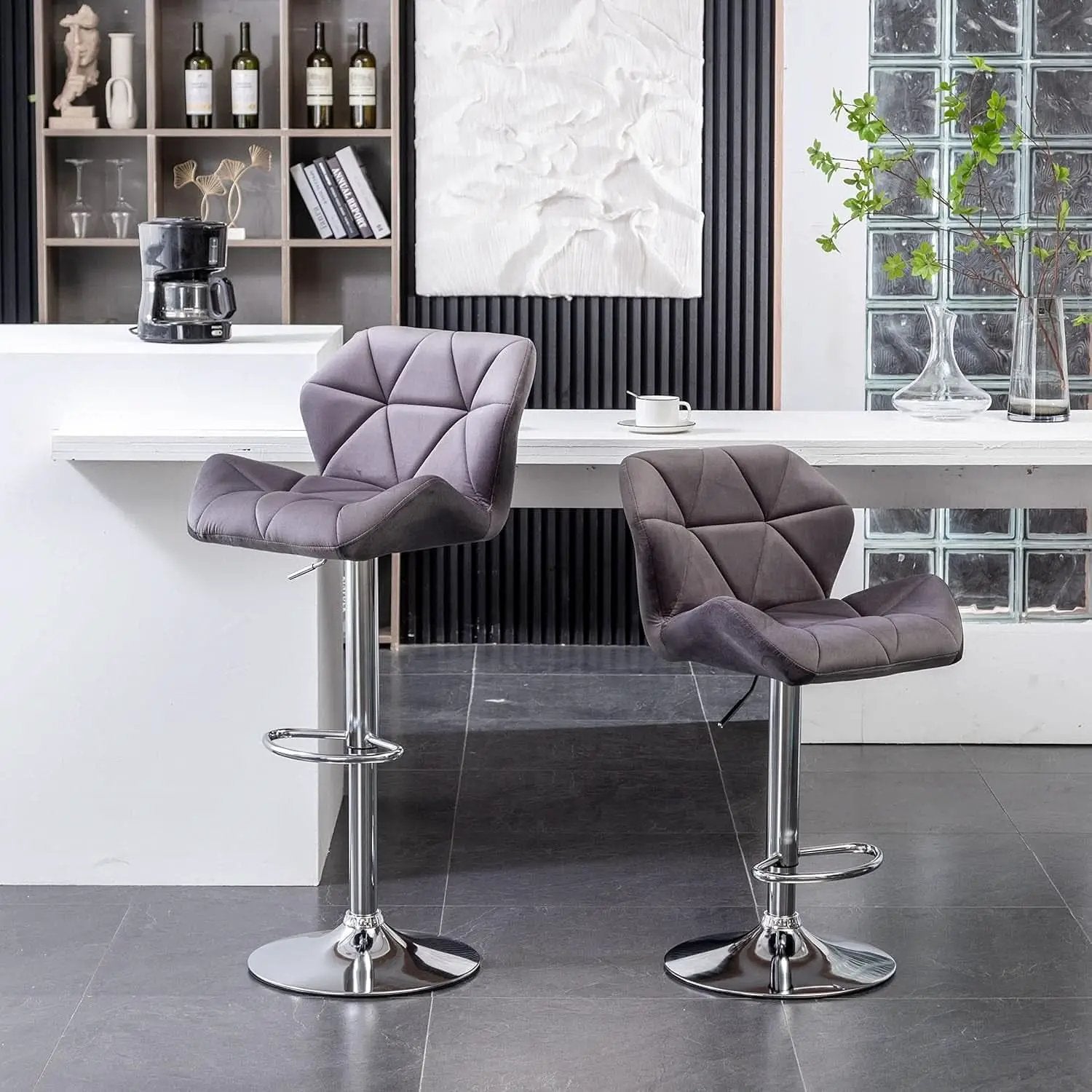 Breni Velvet Diamond Tufted Swivel Adjustable Height Bar Stool Set Of 2 Gray from PriceLows™