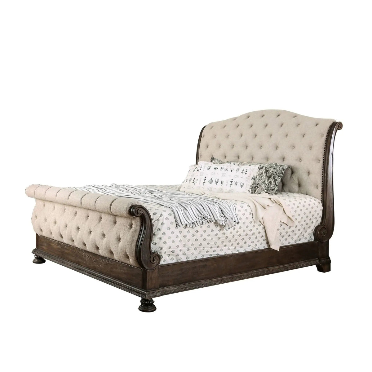 Sleigh Bed | Button Tufted Fabric Headboard | Footboard | Rustic Natural Tone