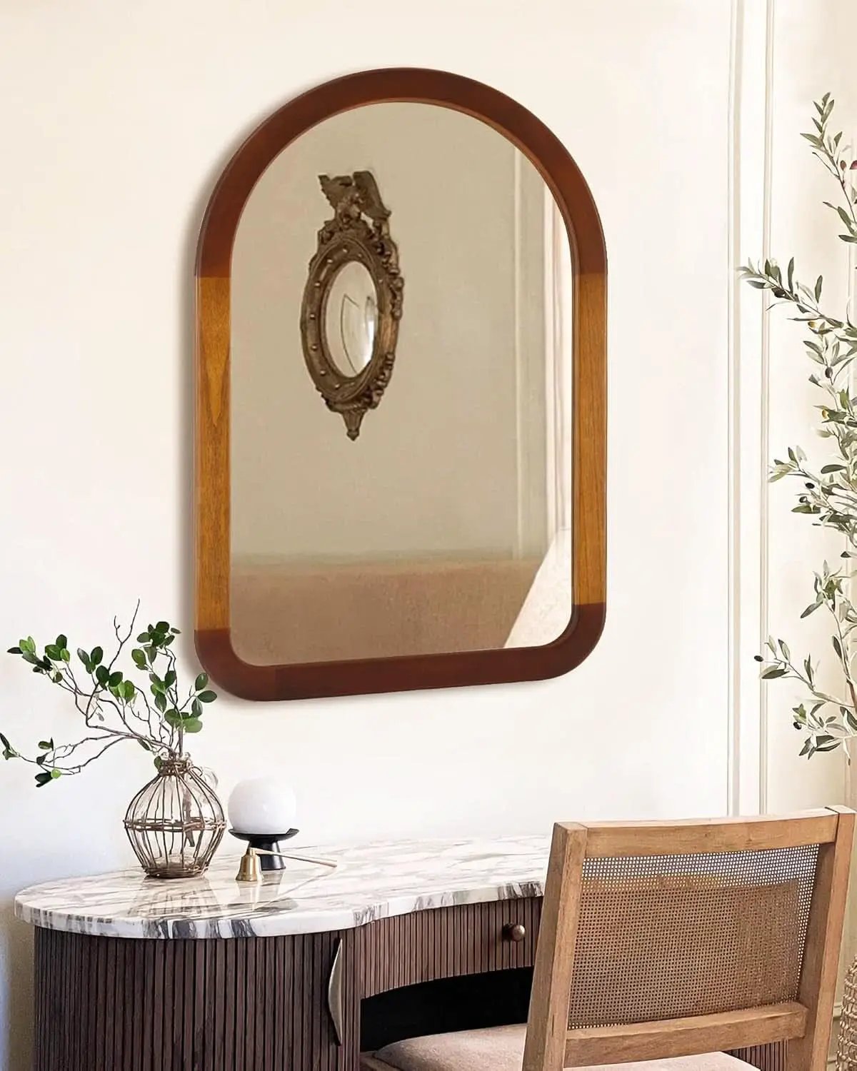 Arched Mirror 24x36 Walnut Brown Wood Frame Wall Mounted from PriceLows™
