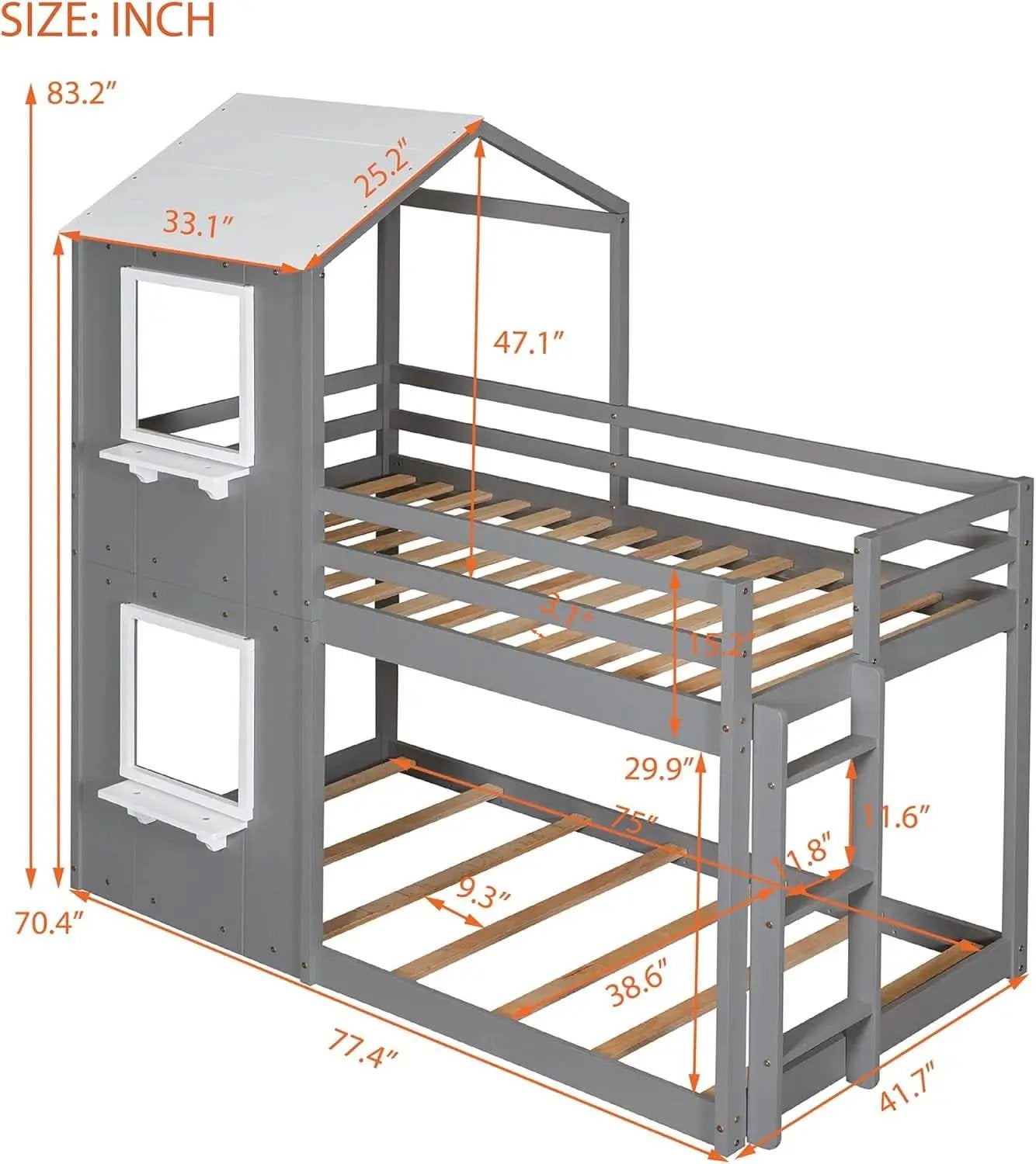 Twin Over Twin House Bunk Bed With Roof And Ladders Grey from PriceLows™