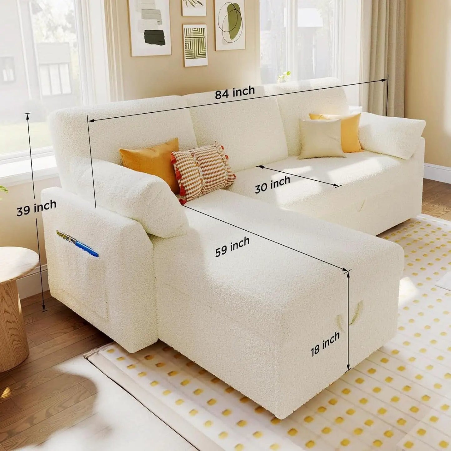 Sleeper Sofa Bed With Storage Chaise In White Boucle from PriceLows™