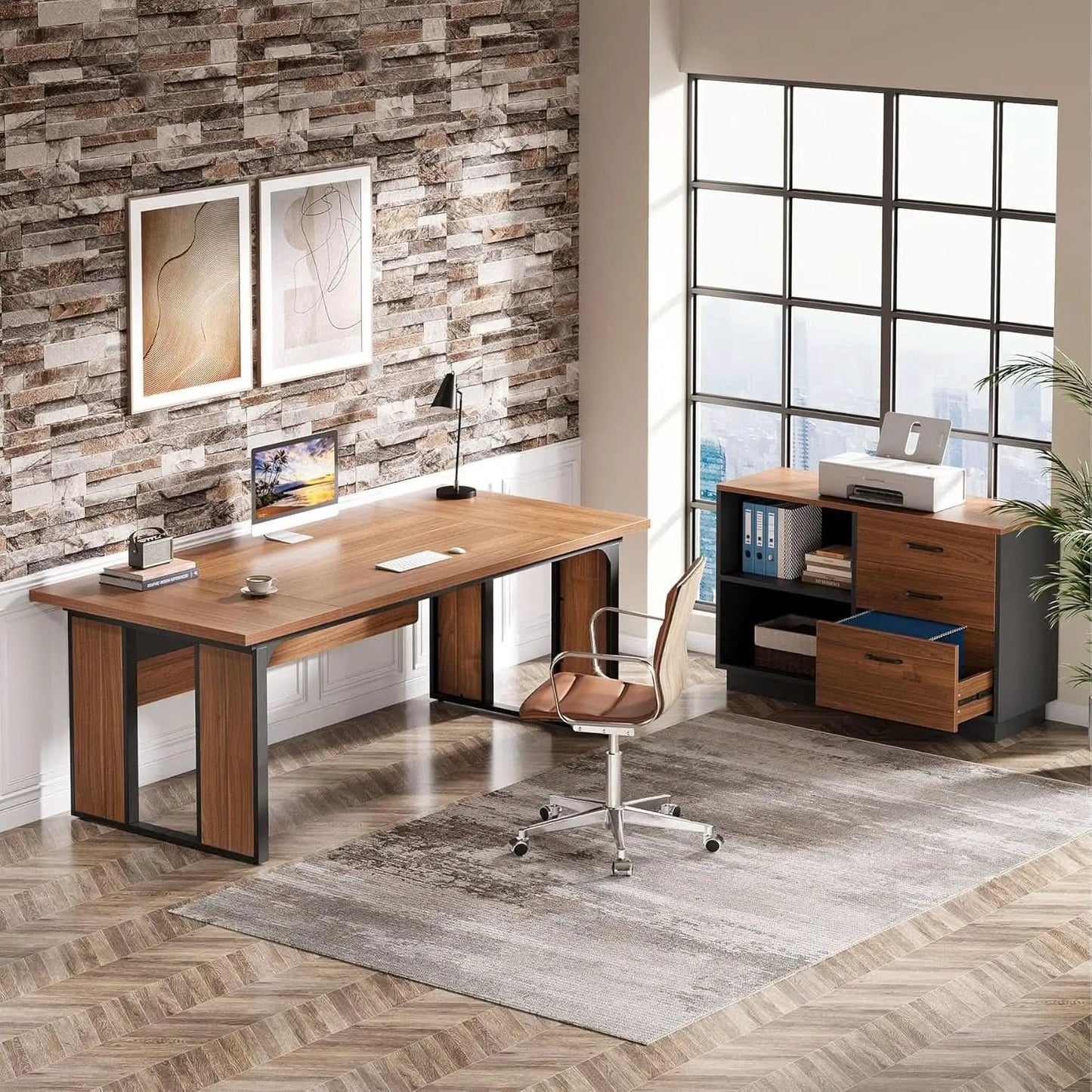 63 Inch L Shaped Executive Desk With Storage Shelves from PriceLows™