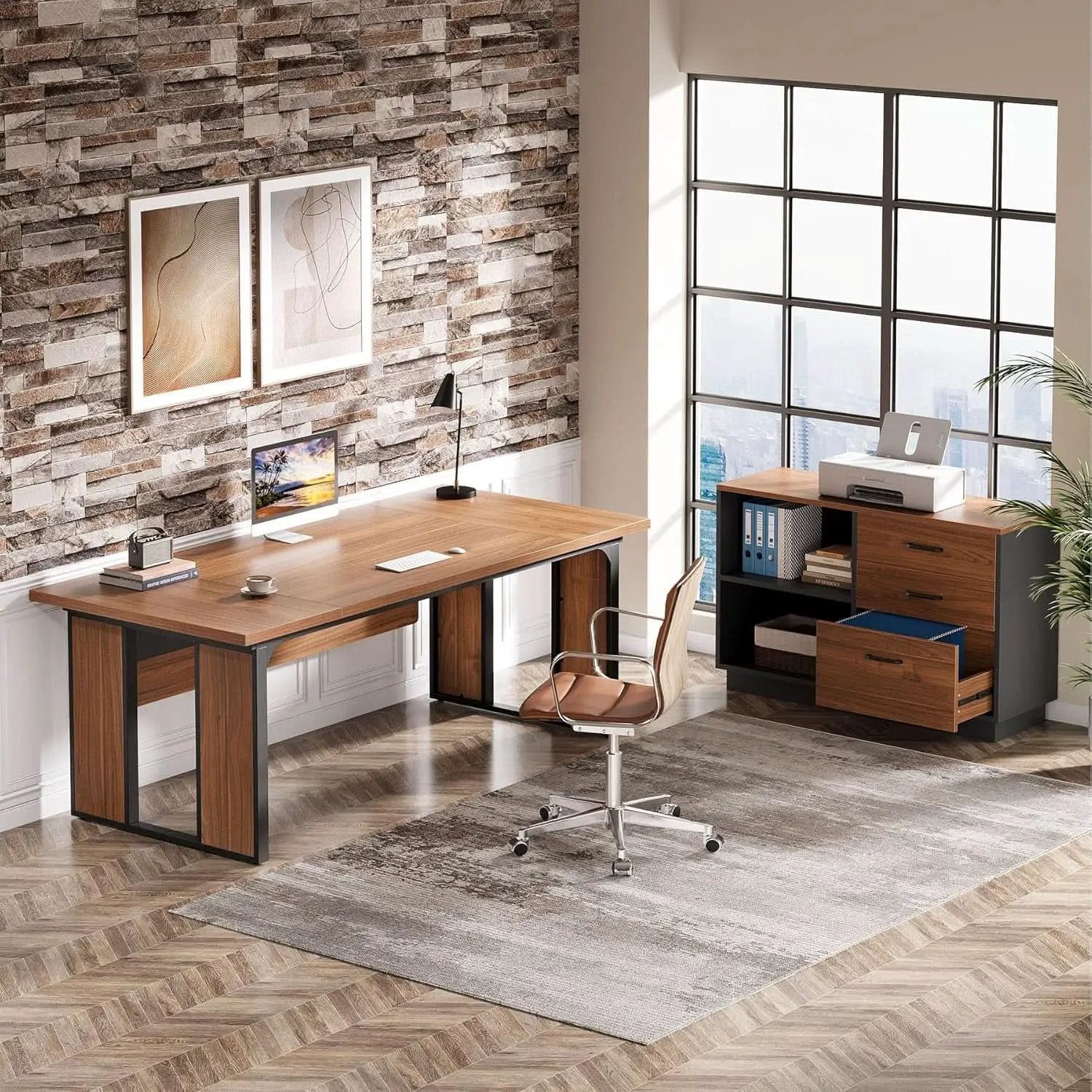 63 Inch L Shaped Executive Desk With Storage Shelves from PriceLows™