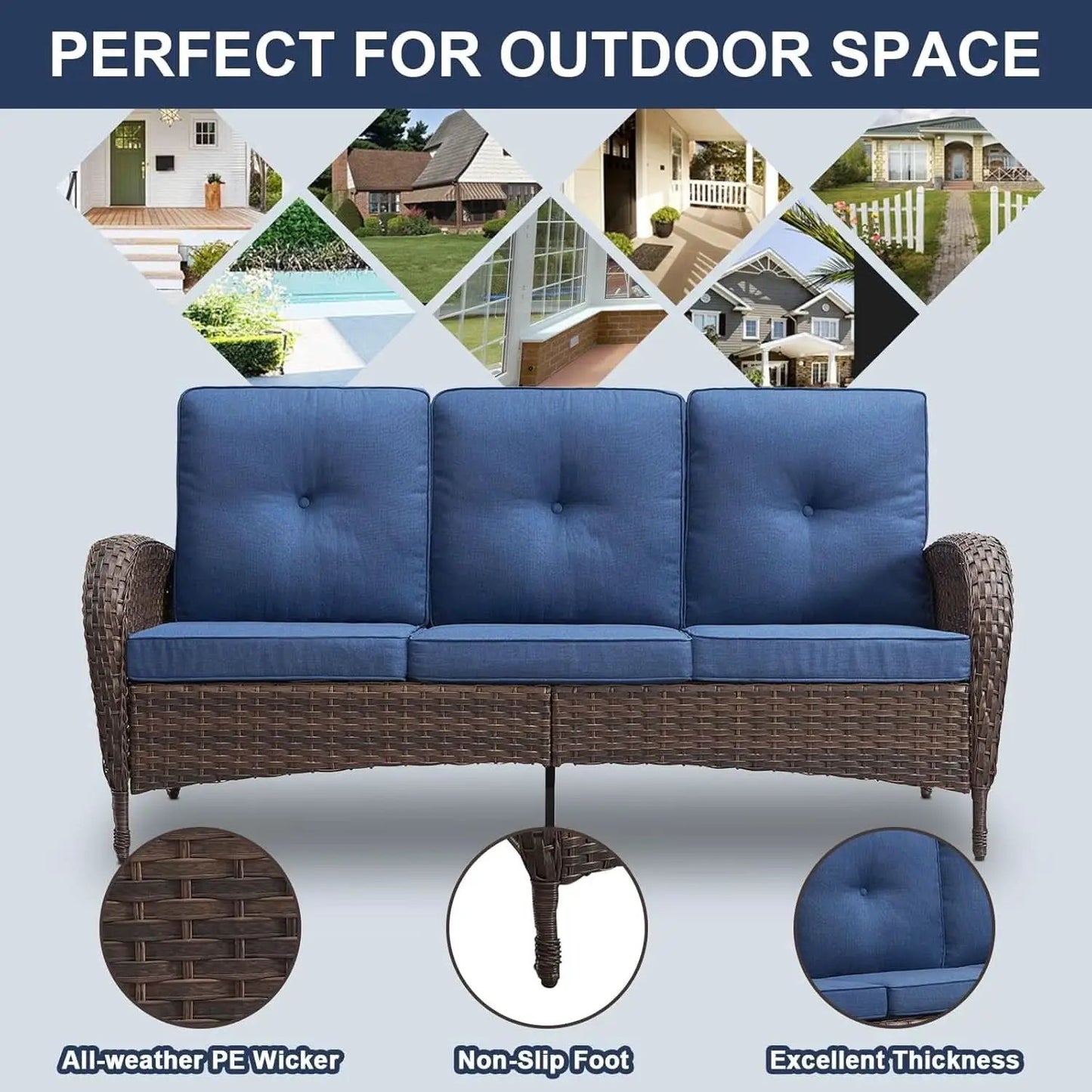 Six Piece Patio Conversation Set Brown Wicker Blue Cushions from PriceLows™