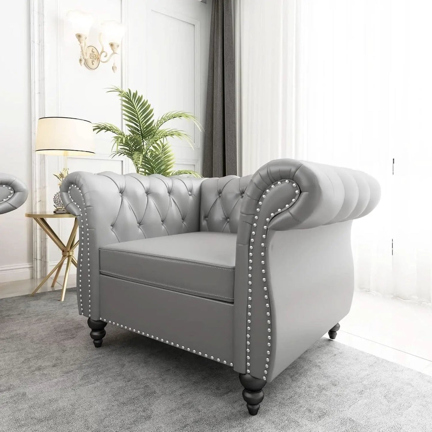 Grey Chesterfield Leather Living Room Set With Scroll Arms from PriceLows™
