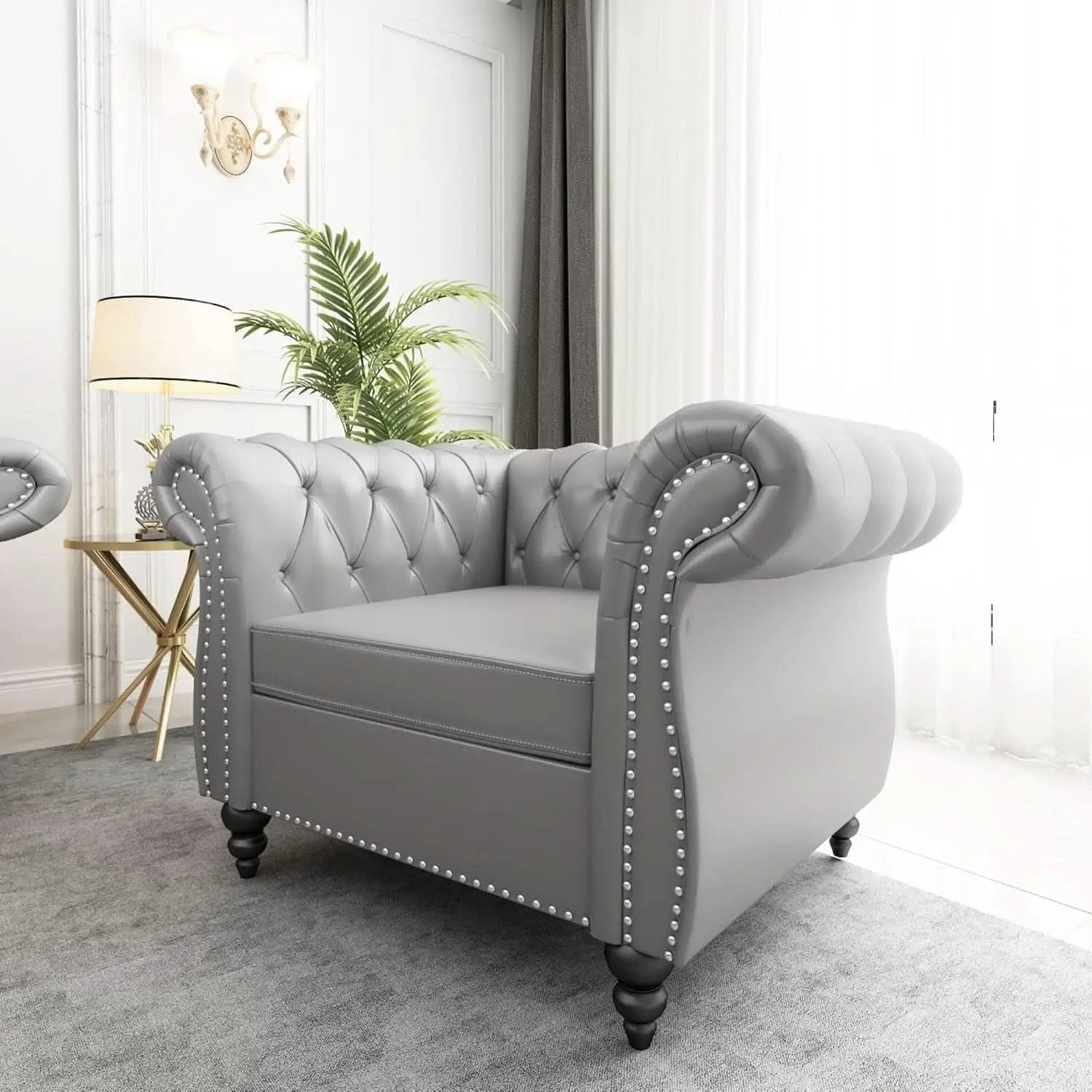 Grey Chesterfield Leather Living Room Set With Scroll Arms from PriceLows™