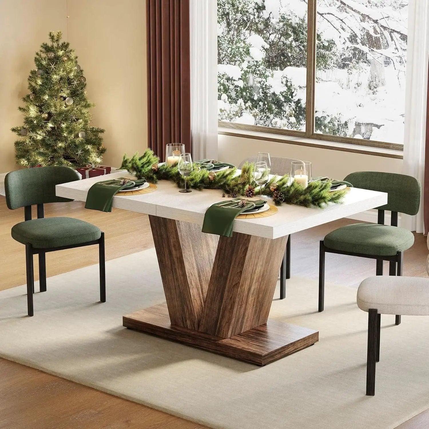 47 Inch White Rectangular Dining Table With Rustic Pedestal from PriceLows™