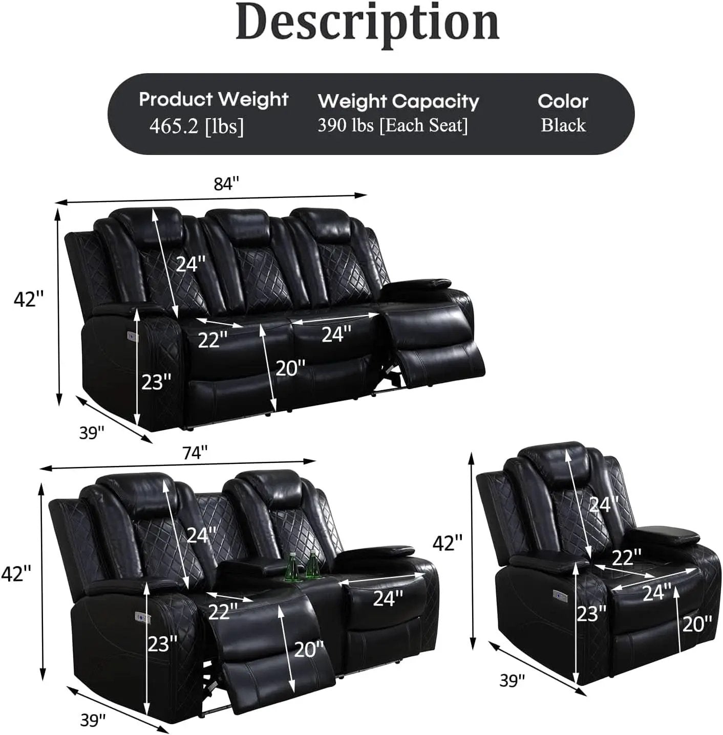 Black Leather Power Recliner Sofa Set With USB Ports from PriceLows™