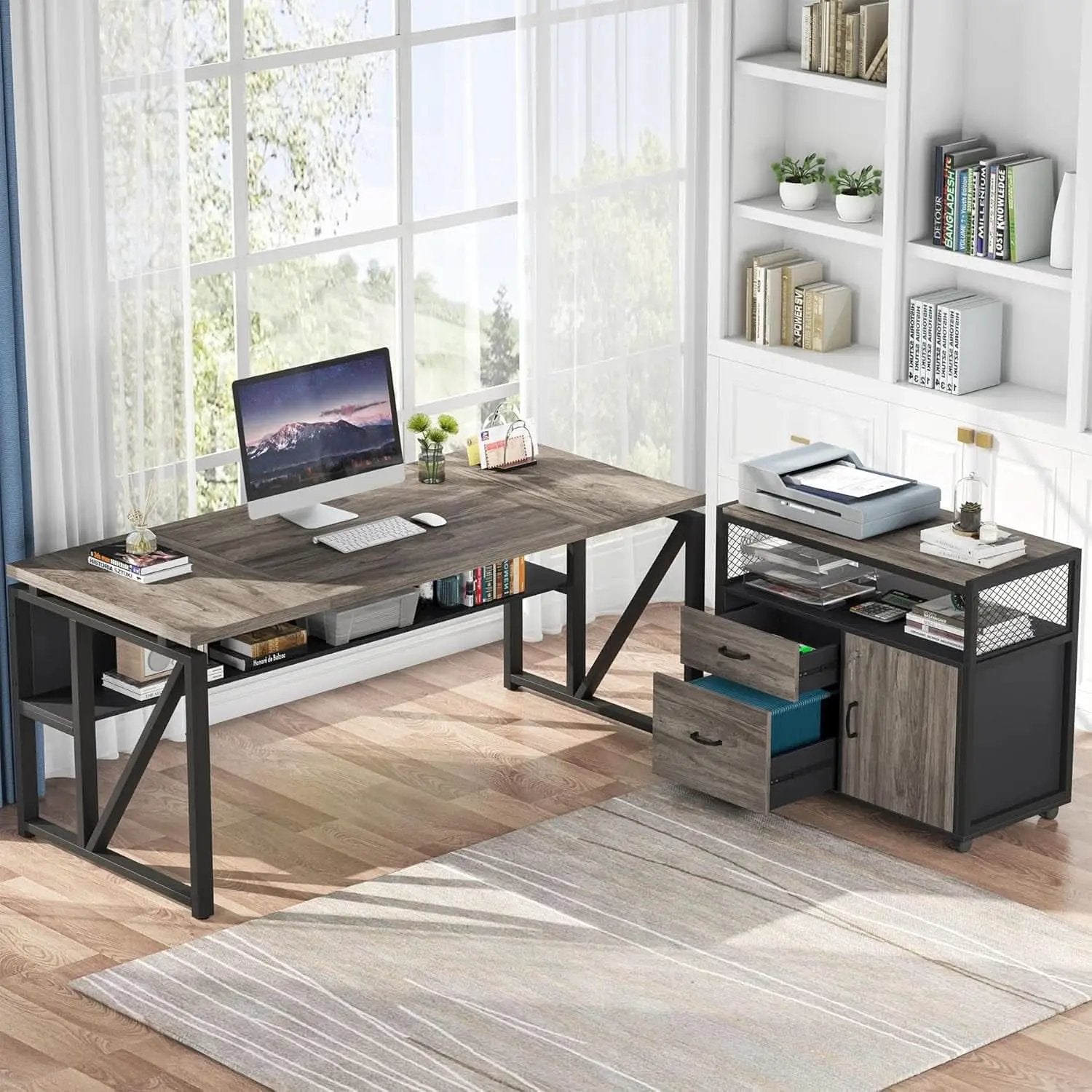 L Shaped Desk With Drawer Cabinet And Lateral File Cabinet 63 Inch Gray from PriceLows™