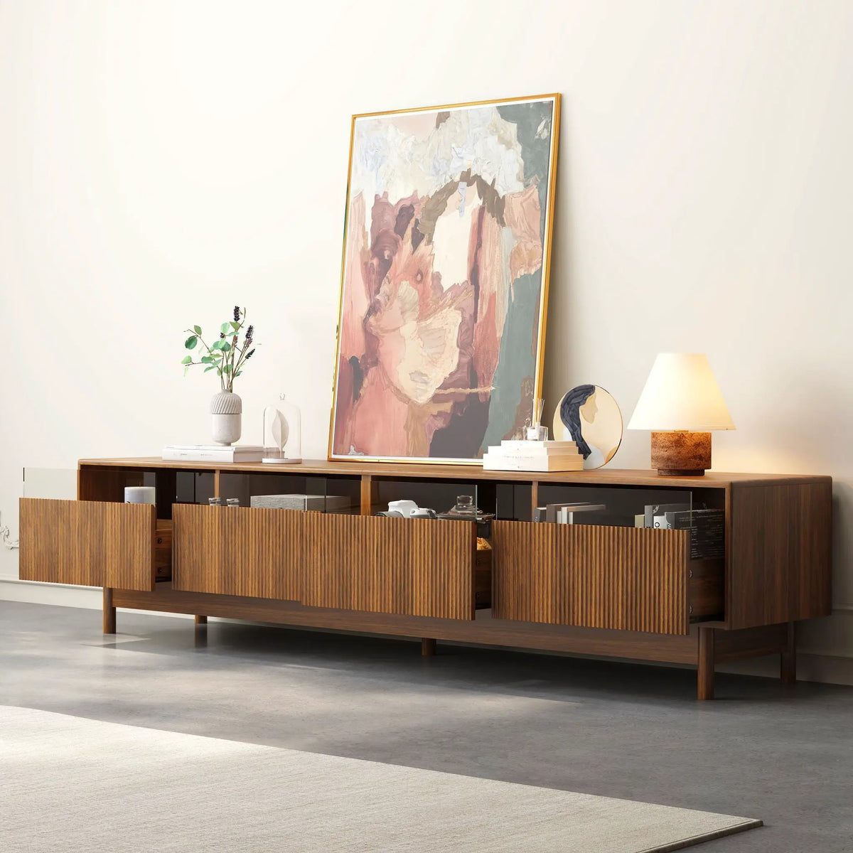 Walnut TV Stand | Fluted Glass Drawers | Entertainment Center | Family-Safe Rounded Corners