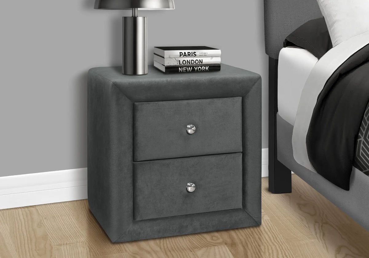 Upholstered Nightstand | Transitional Style | Two Storage Drawers | Metal Drawer Knobs