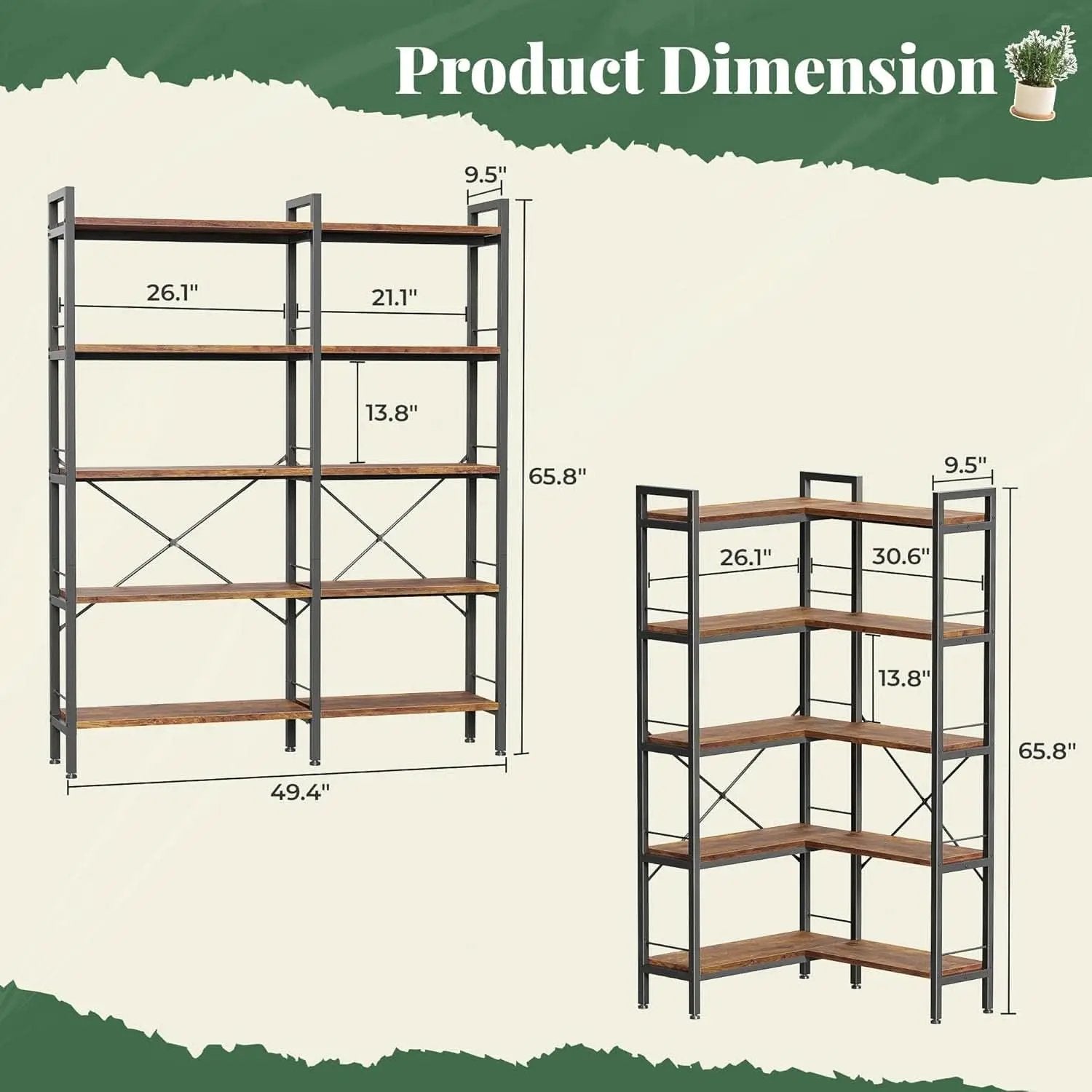 L Shaped Corner Bookshelf 49 Inch Rustic Brown Wood Metal Frame from PriceLows™