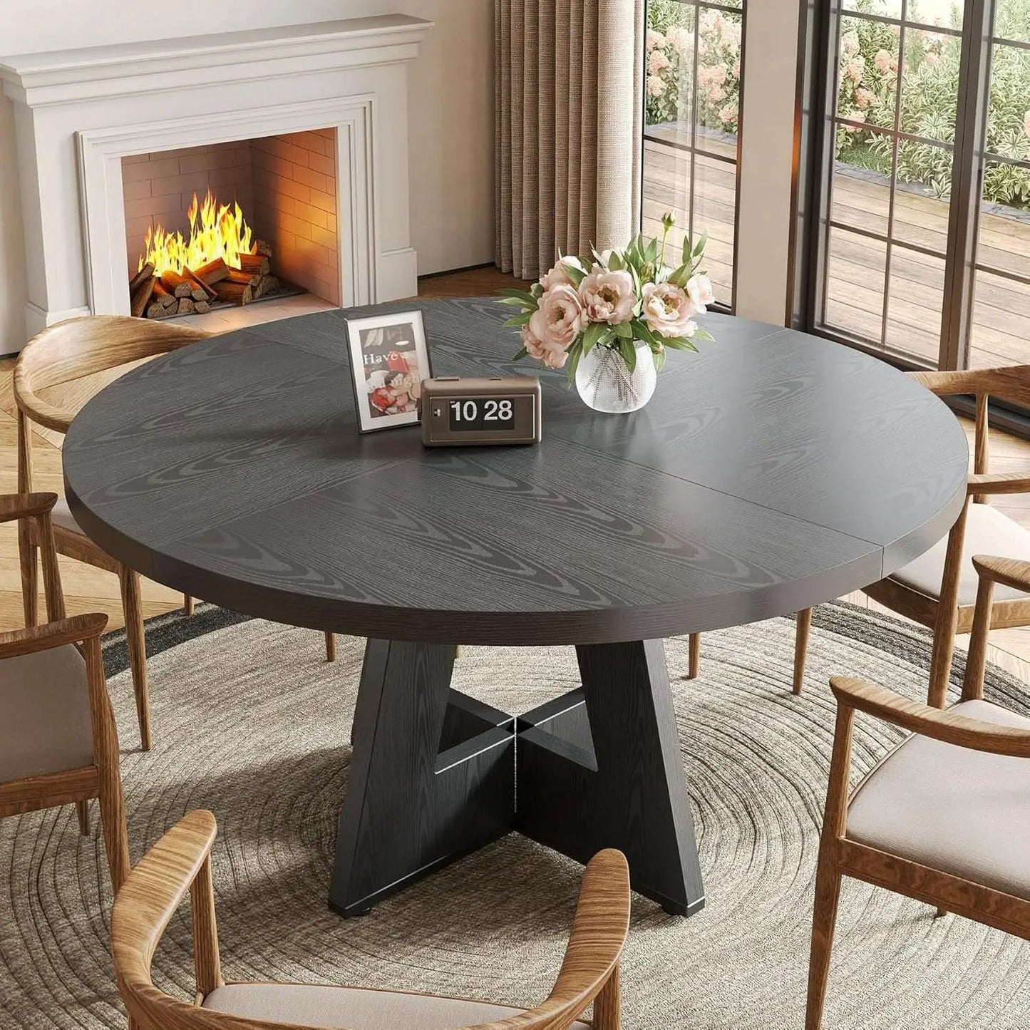 47 Inch Round Dining Table Black With Wooden Pedestal Base from PriceLows™