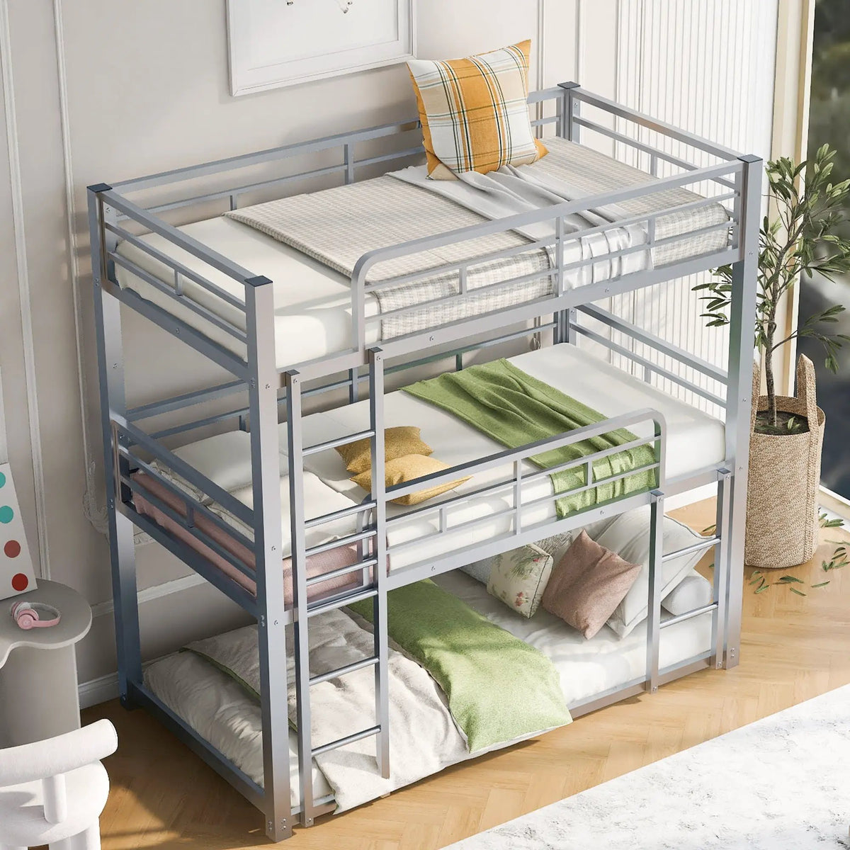 Triple Bunk Bed | Solid Metal Frame | Safety Guardrails | Space Saving