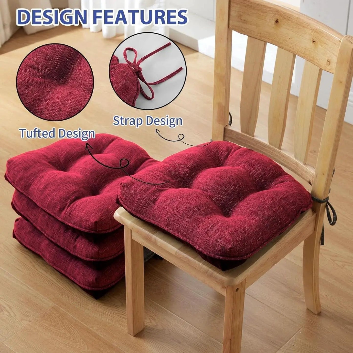 Red Tufted Memory Foam Chair Cushions 4 Pack Non Slip Ties from PriceLows™