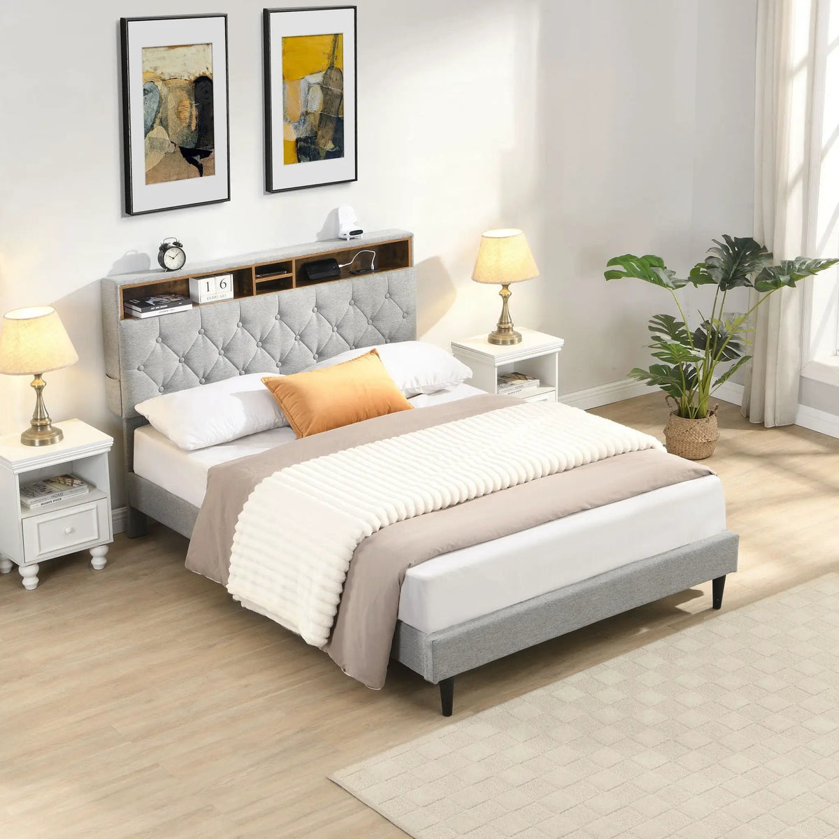 Upholstered Platform Bed Frame | Button Tufted Headboard | Two Storage Compartments | USB Ports And Outlets