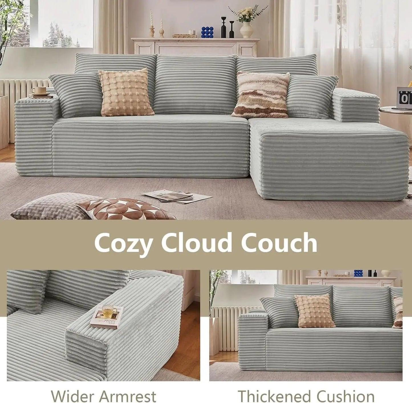 107 Inch Grey Corduroy L Shaped Modular Sleeper Sofa from PriceLows™